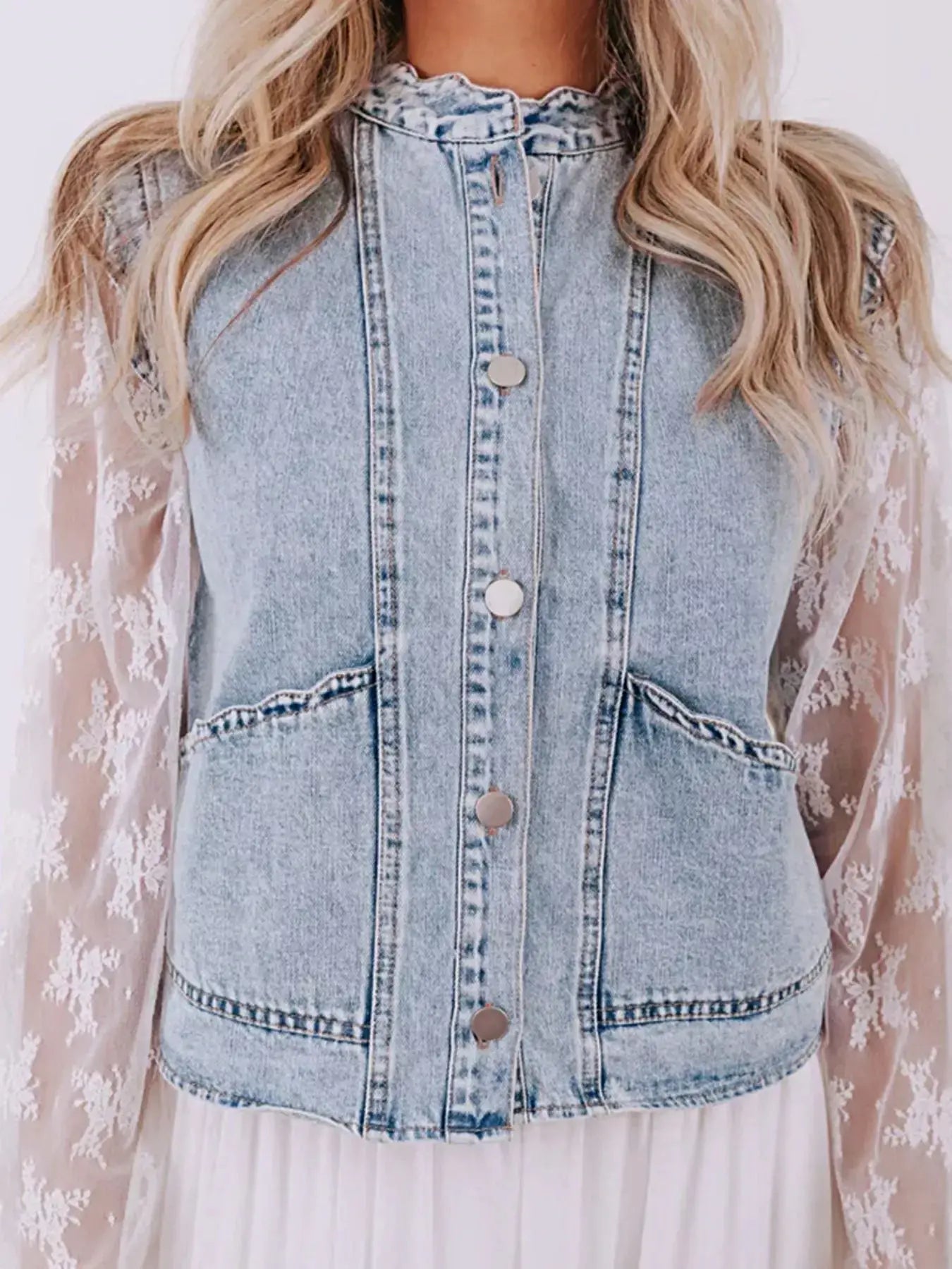 Scalloped Trim Patch Pocket Button Front Denim Vest -