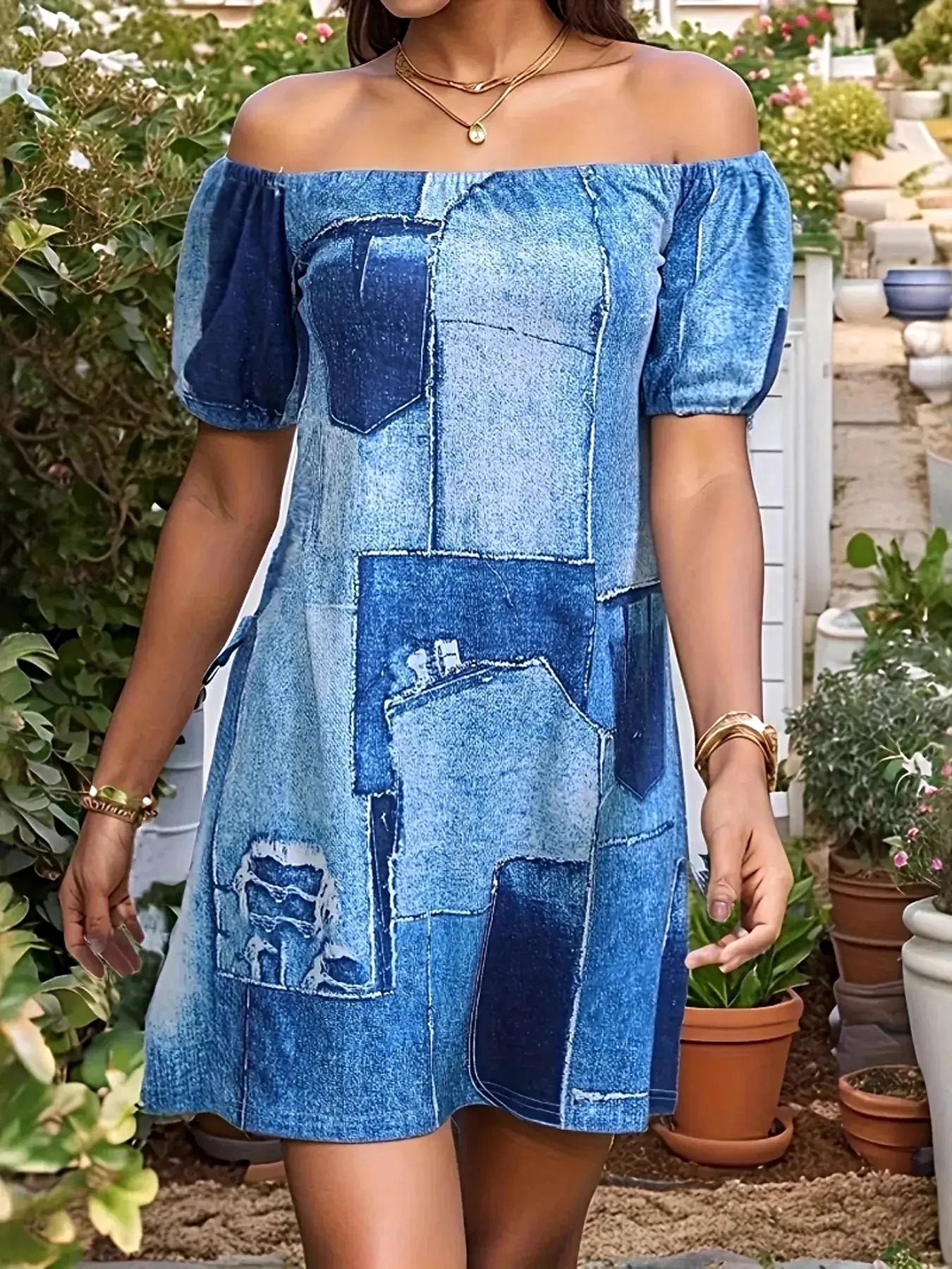 Patchwork Off Shoulder Denim Mini Dress -