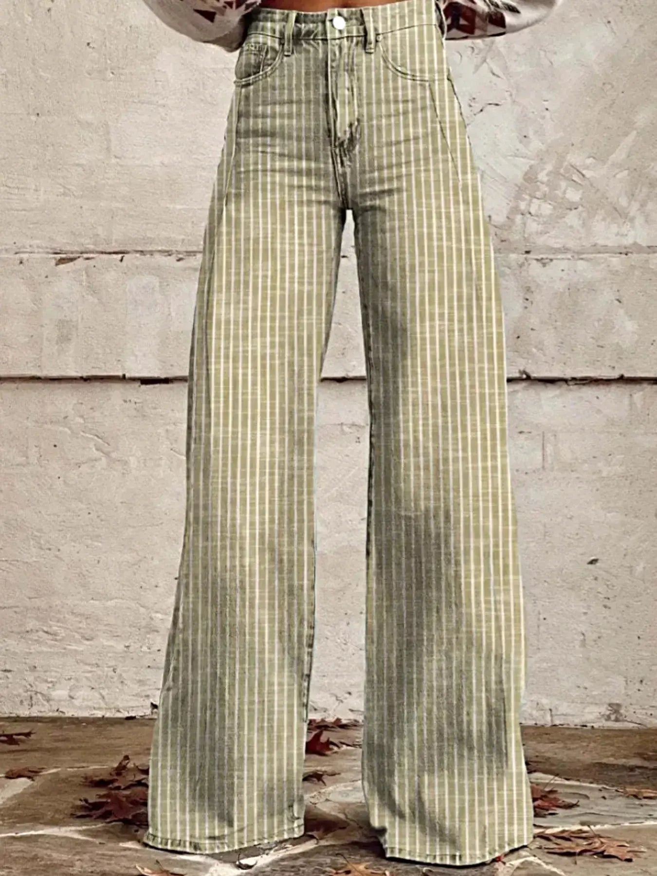 Striped High-Waisted Wide Leg Jeans -