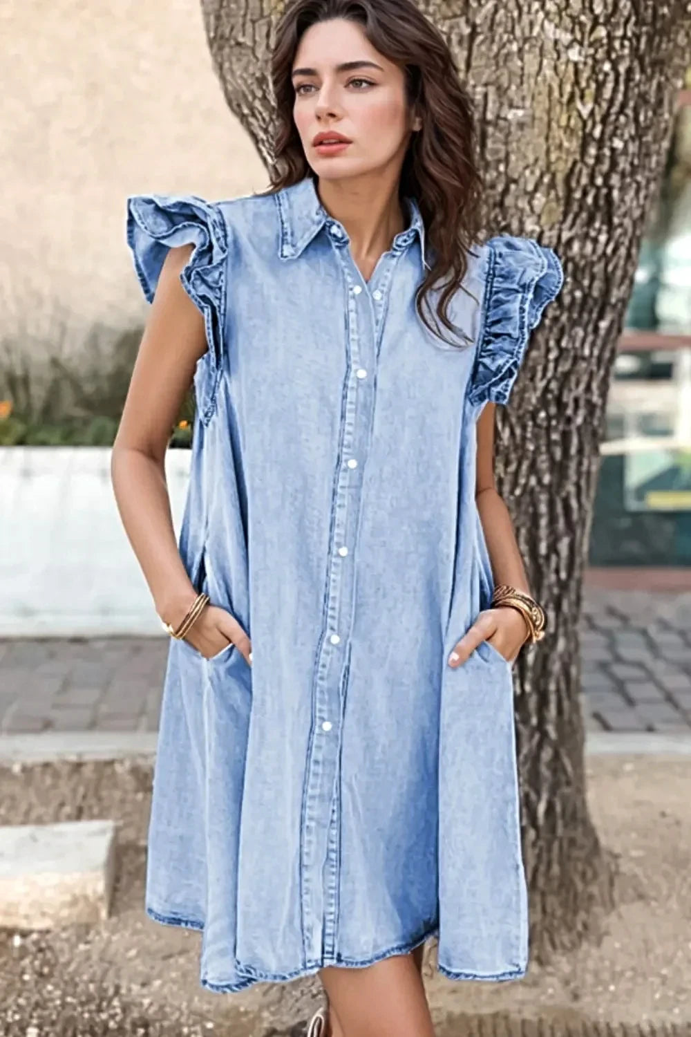 Ruffled Button Front Cap Sleeve Denim Dress -