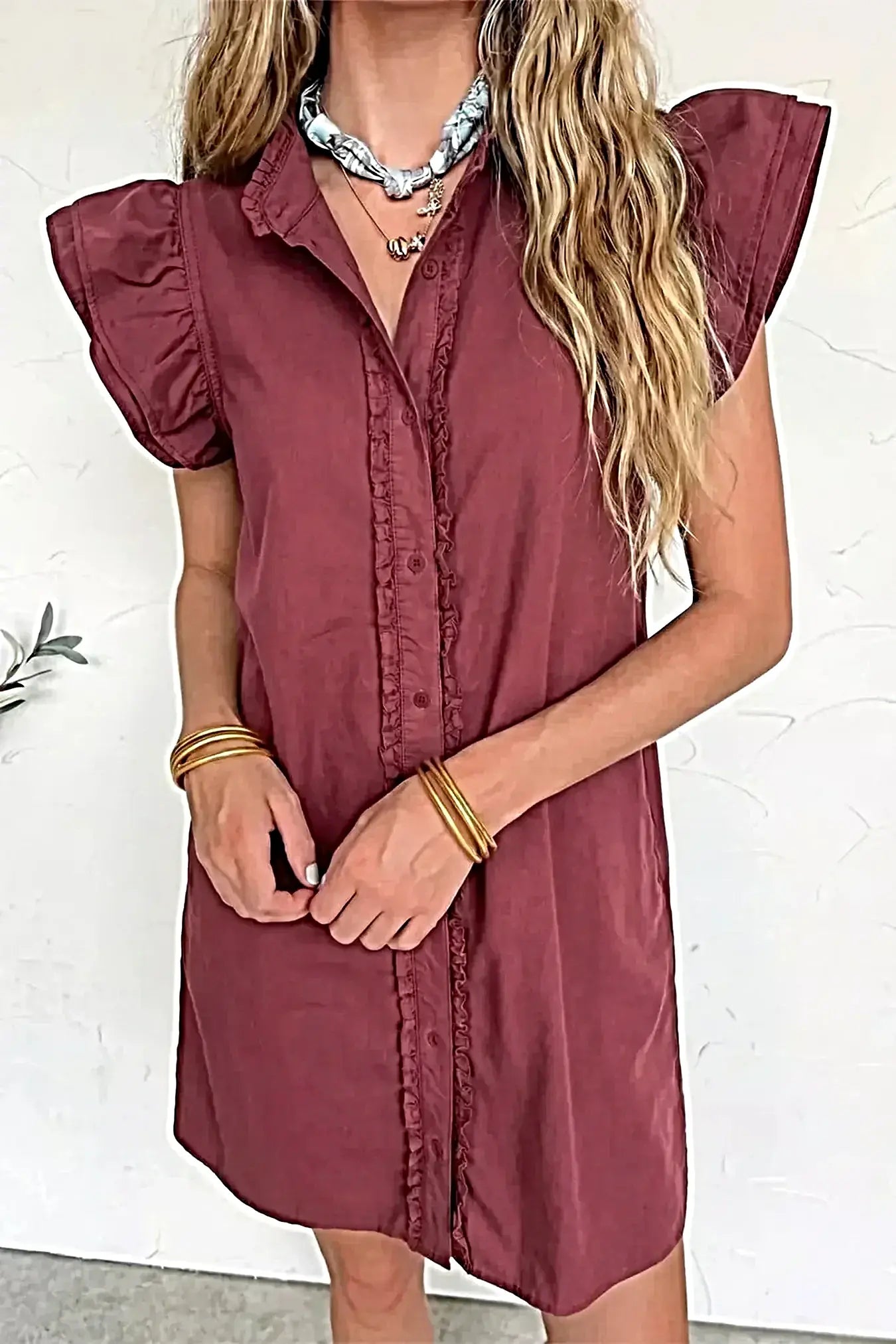 Frilled Detail Button Down Ruffle Short Sleeve Denim Mini Dress -
