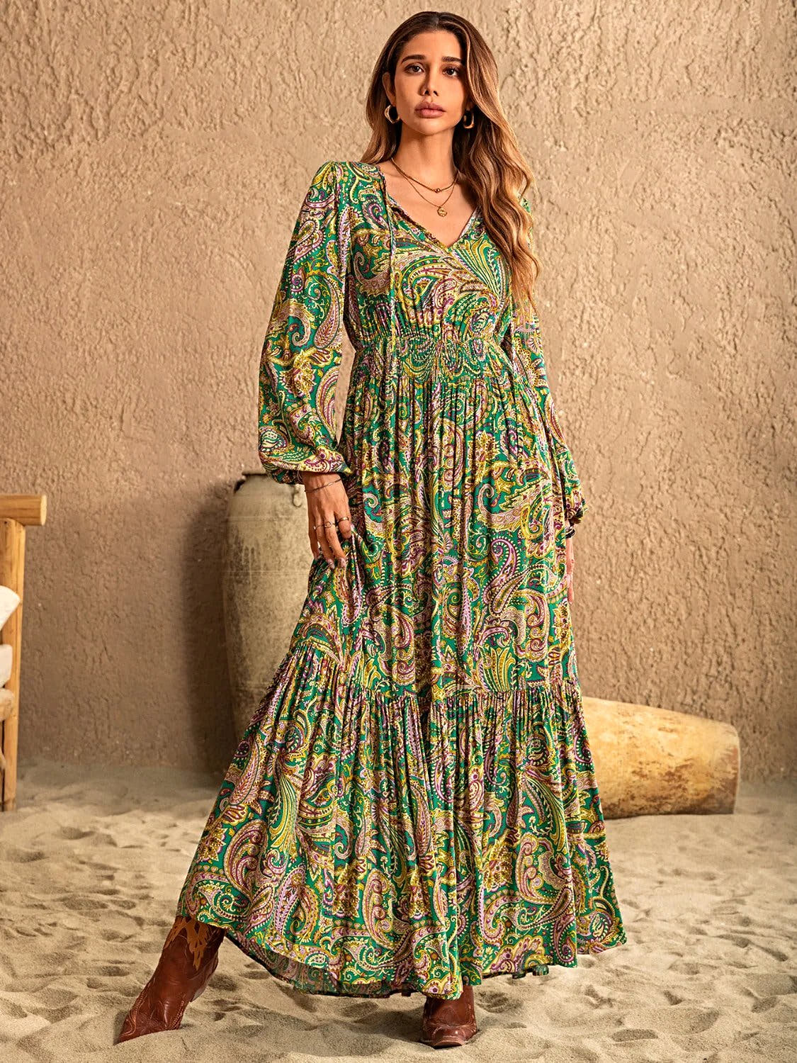 Printed Tie Neck Long Sleeve Dress -