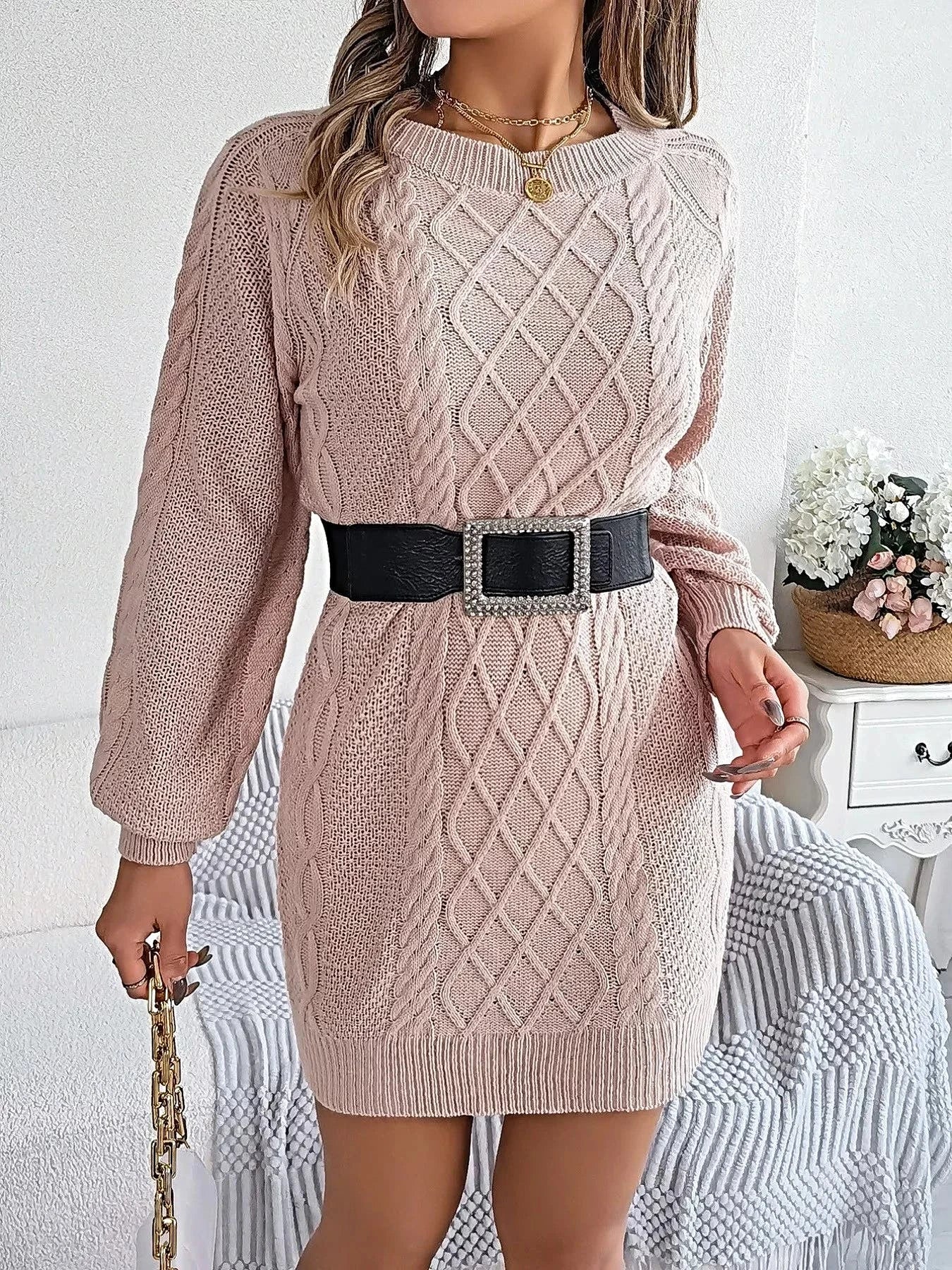Diamond Cable Knit Sweater Dress with Long Sleeves -
