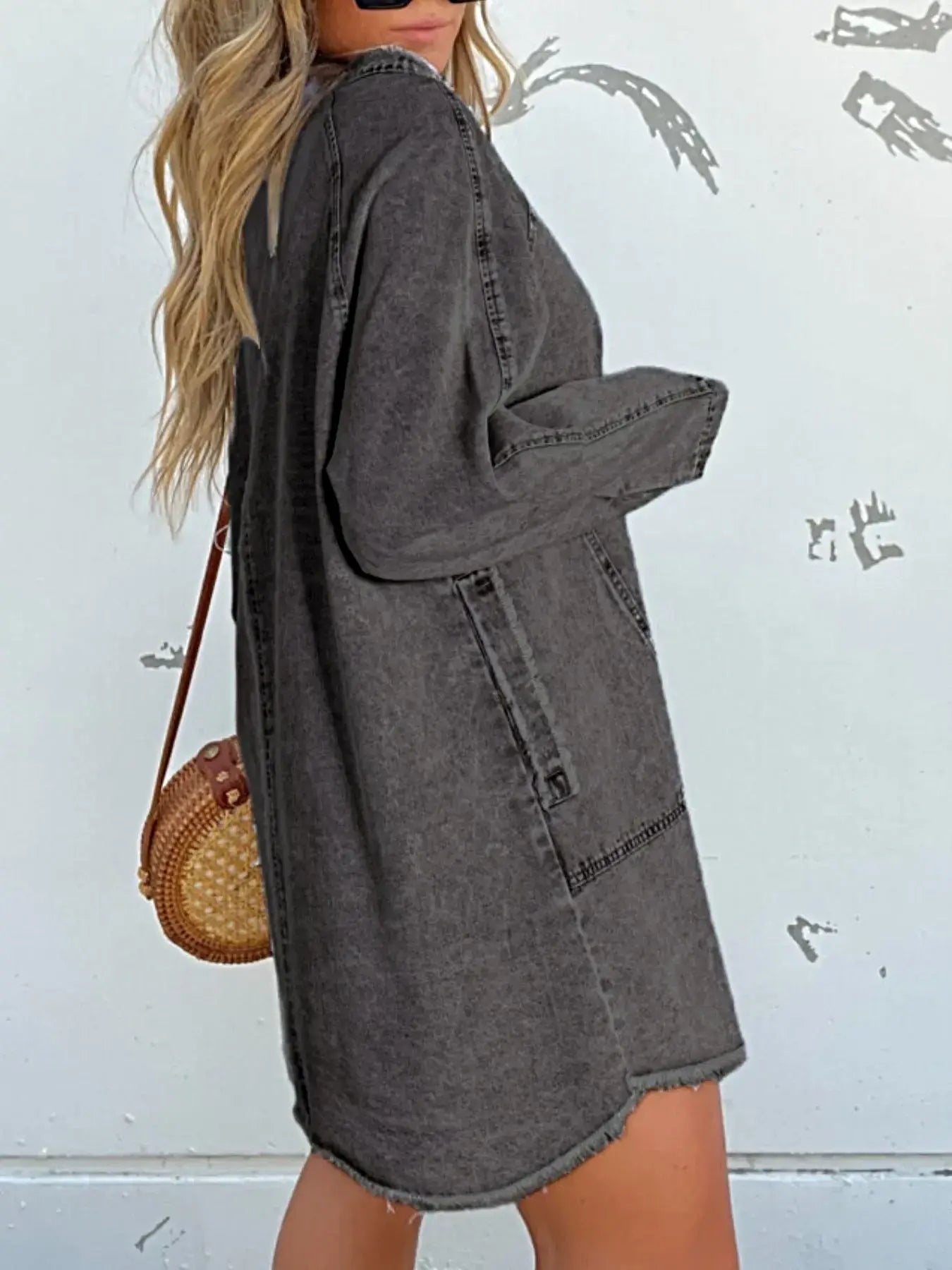 Full Size Button-Front Long Sleeve Denim Shirt Dress Plus Size -