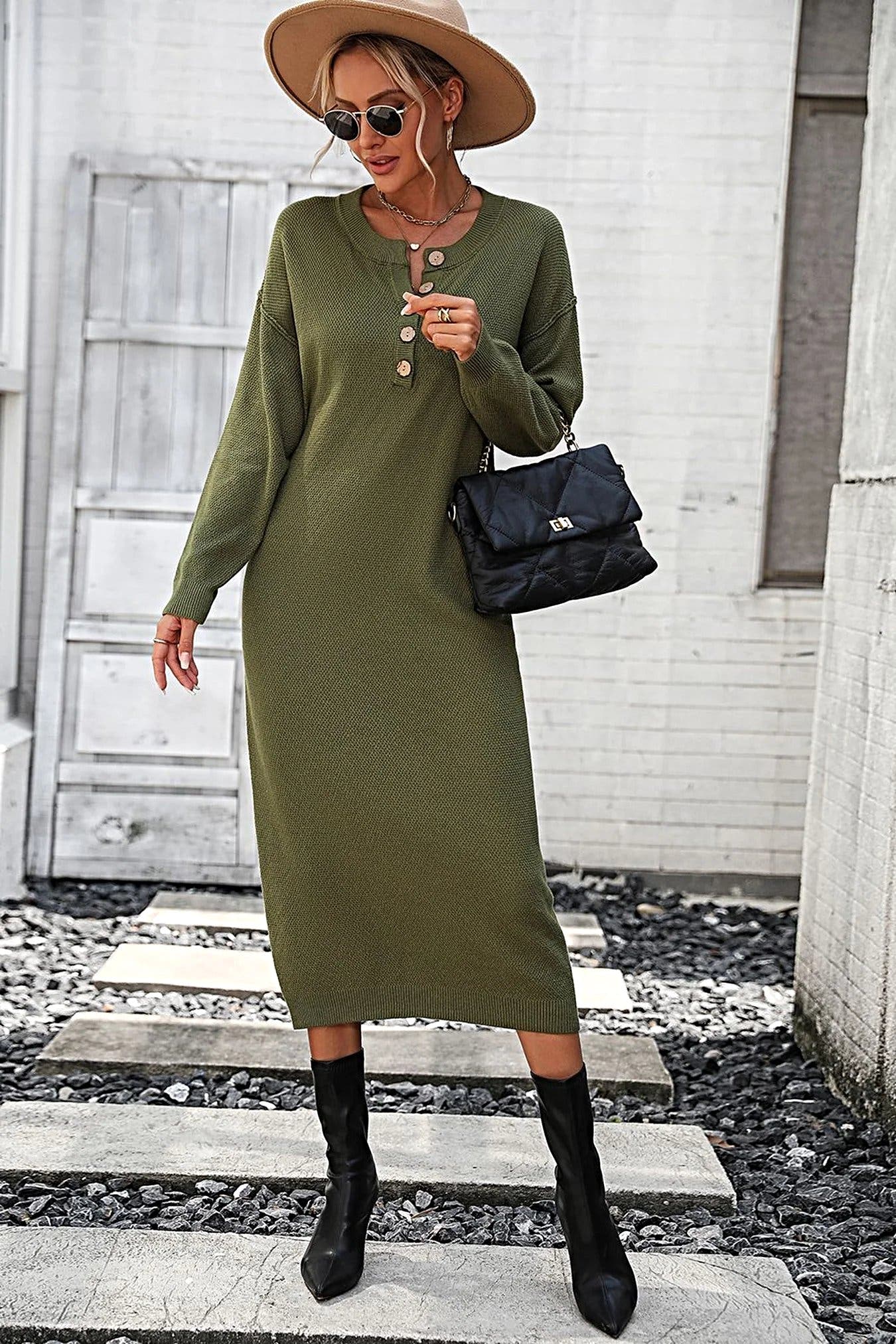 Notched Neck Dropped Shoulder Button-Down Midi Dress -