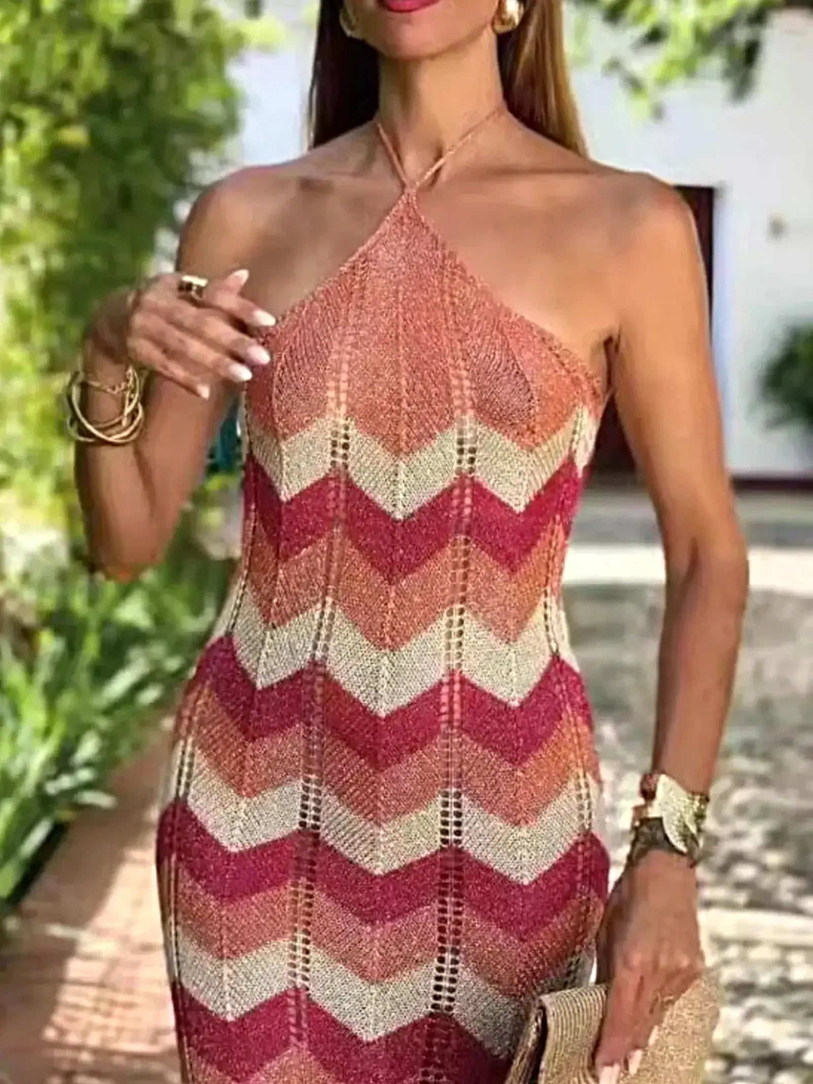 Chevron Pattern Halter Neck Sweater Dress -