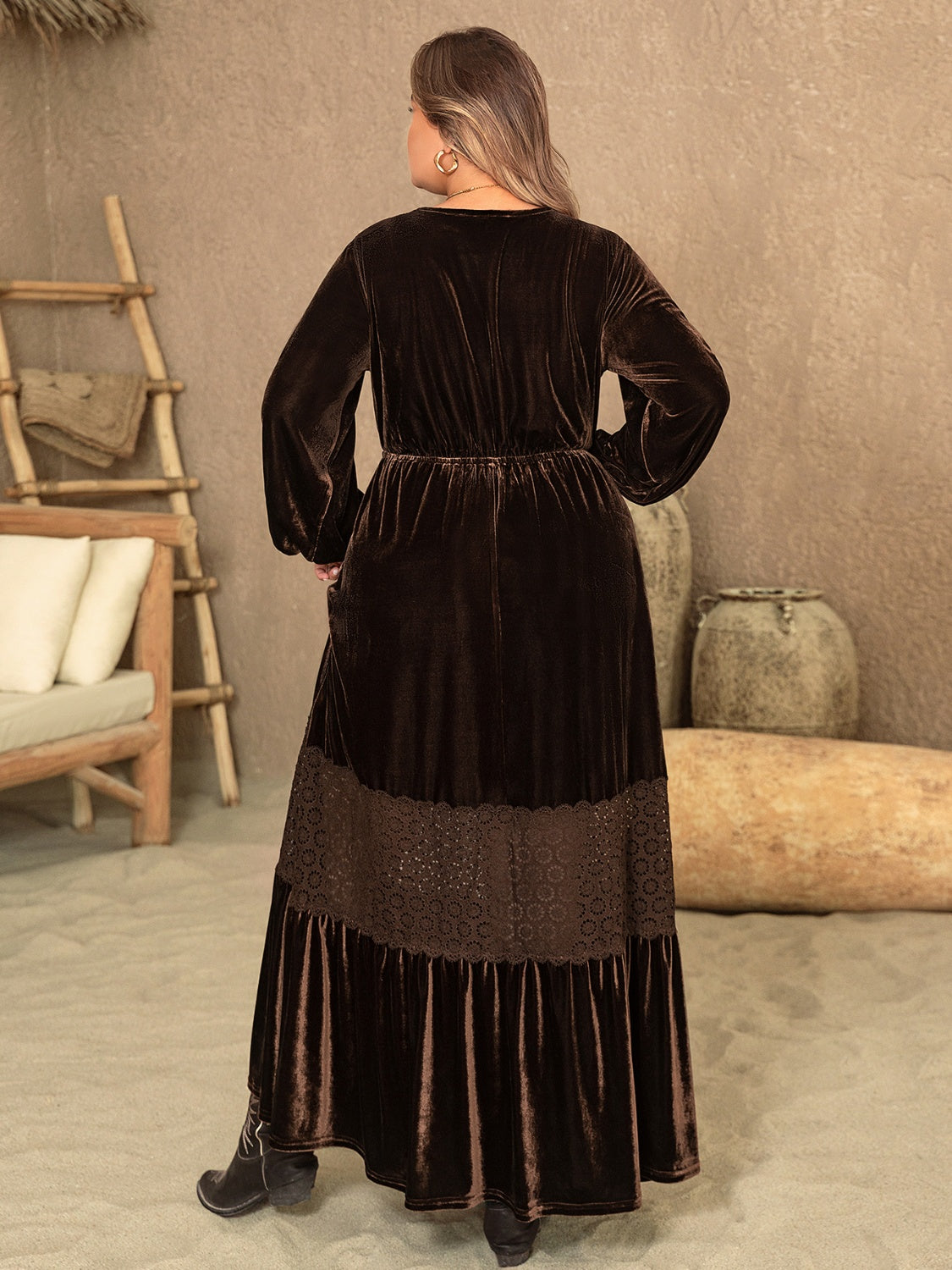 Plus Size V-Neck Balloon Sleeve Maxi Dress Trendsi