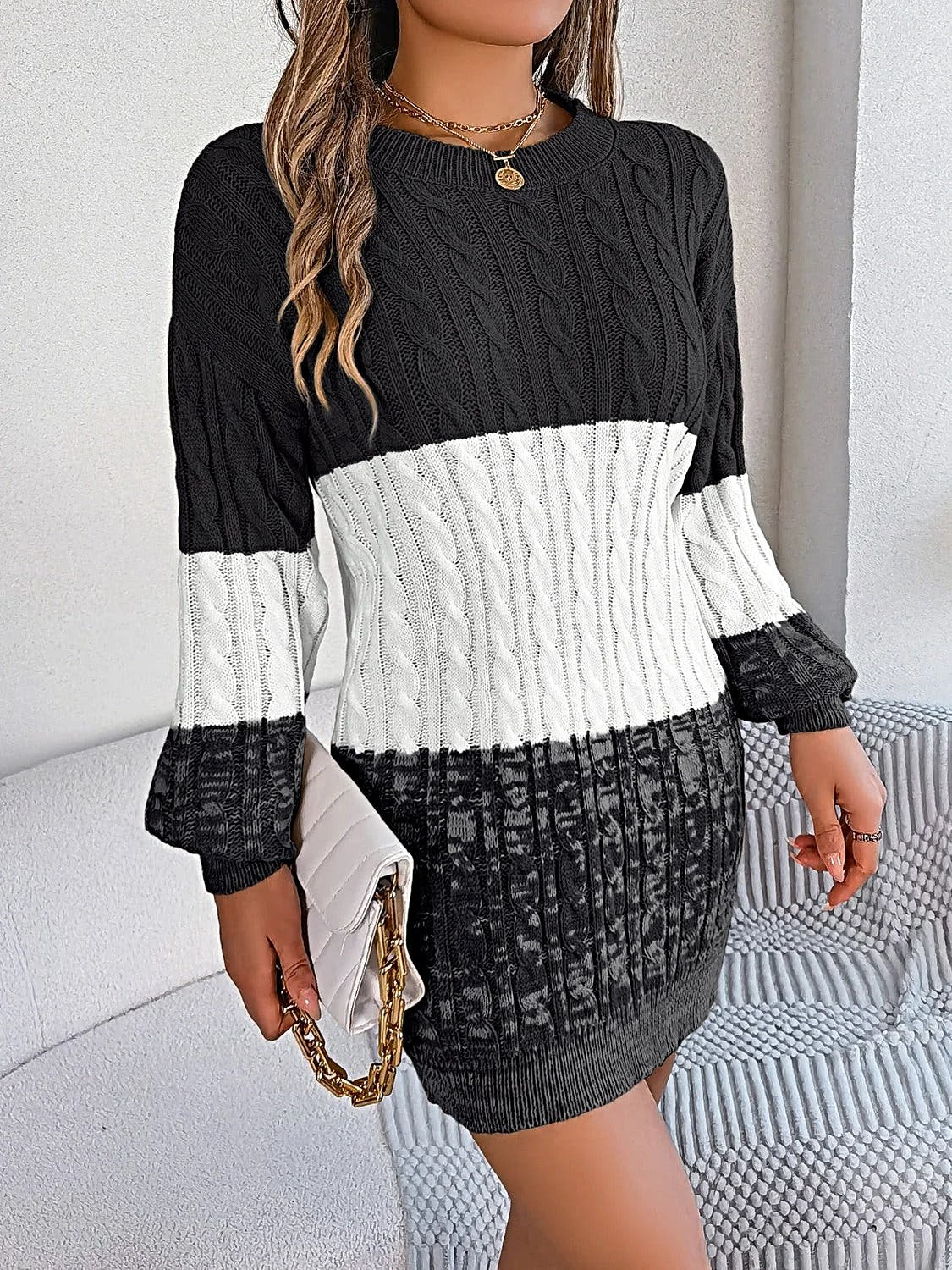 Cable-Knit Round Neck Color Block Sweater Dress -