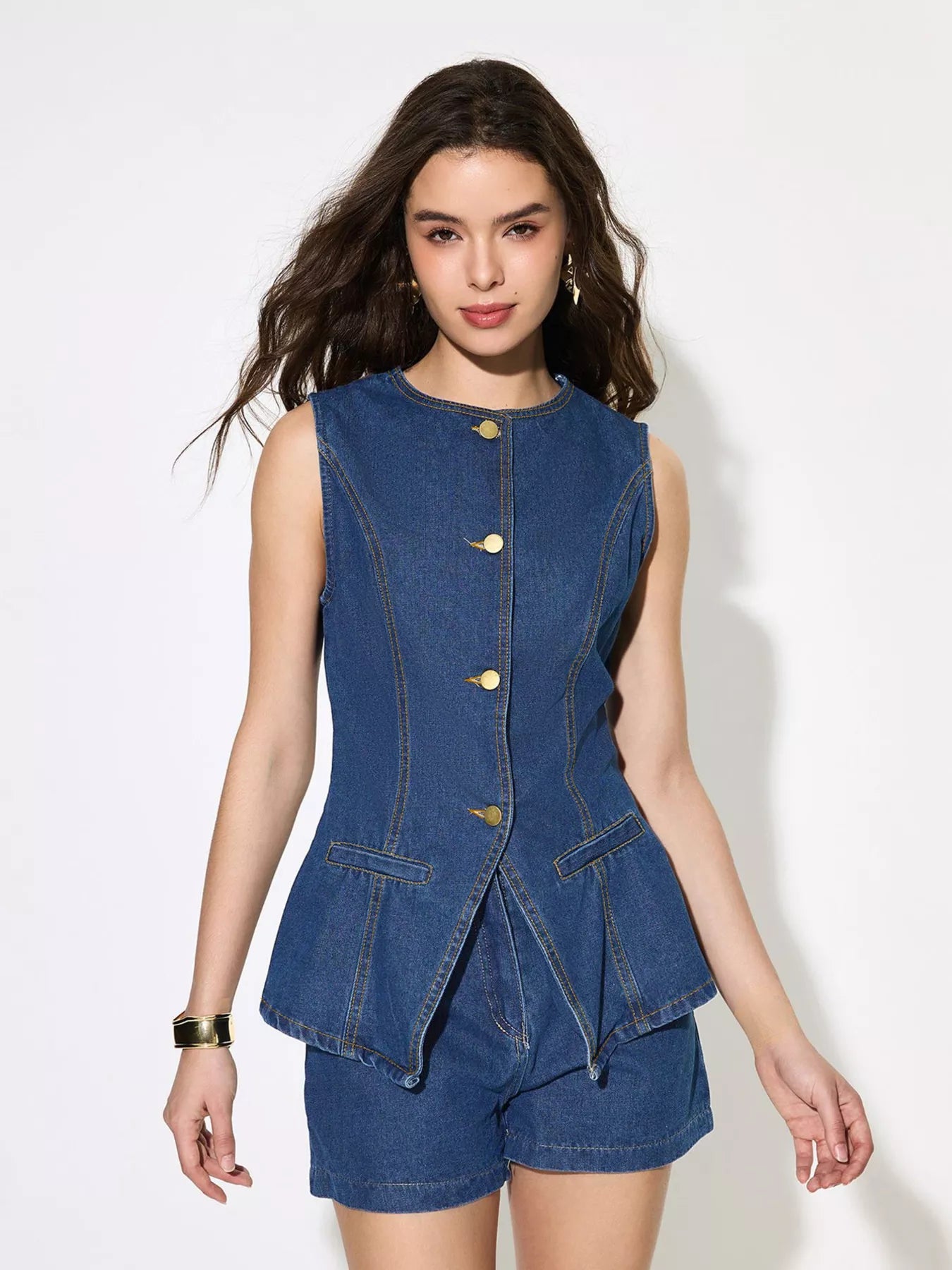 Button Up Sleeveless Denim Top -