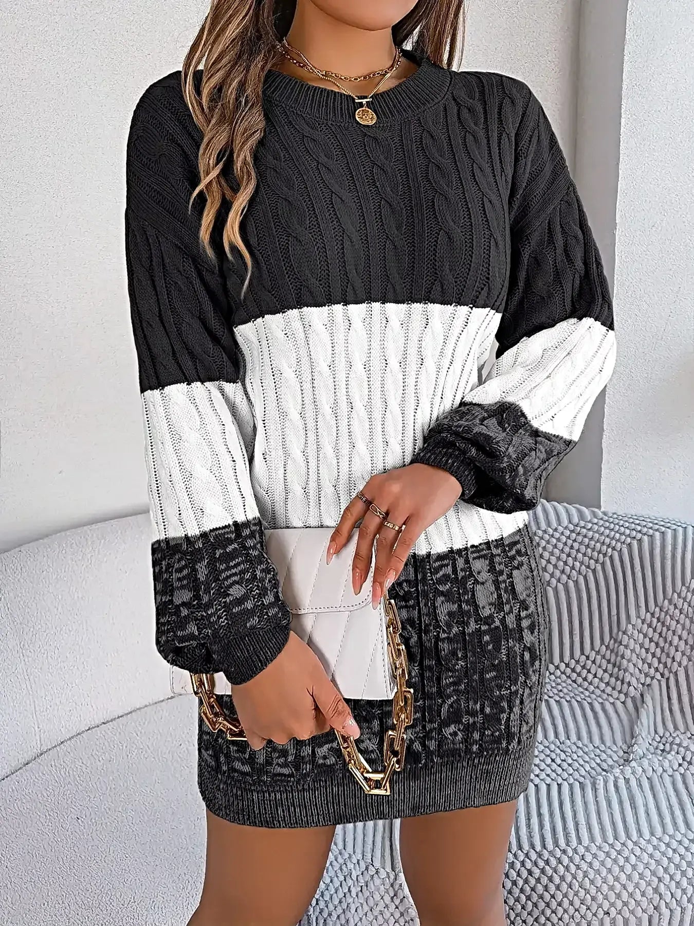 Color Block Cable Knit Sweater Dress with Textured Pattern -
