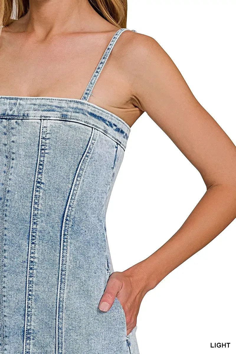 Zenana Spaghetti Strap Exposed Seam Light-Wash Dress -