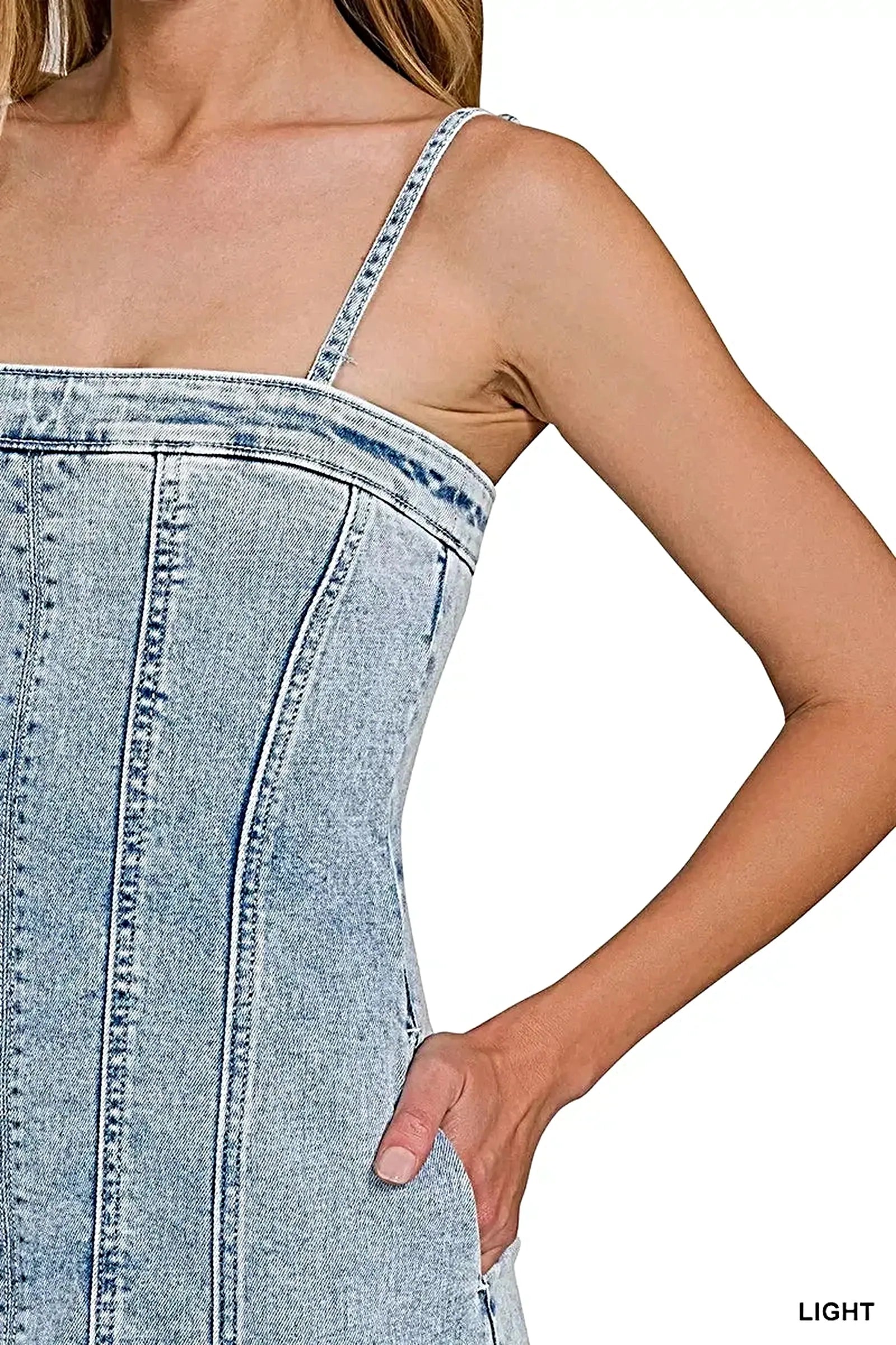 Trendsi Light-Wash Summer Dress with Spaghetti Straps and Exposed Seams, Trendy Raw Hem Design -