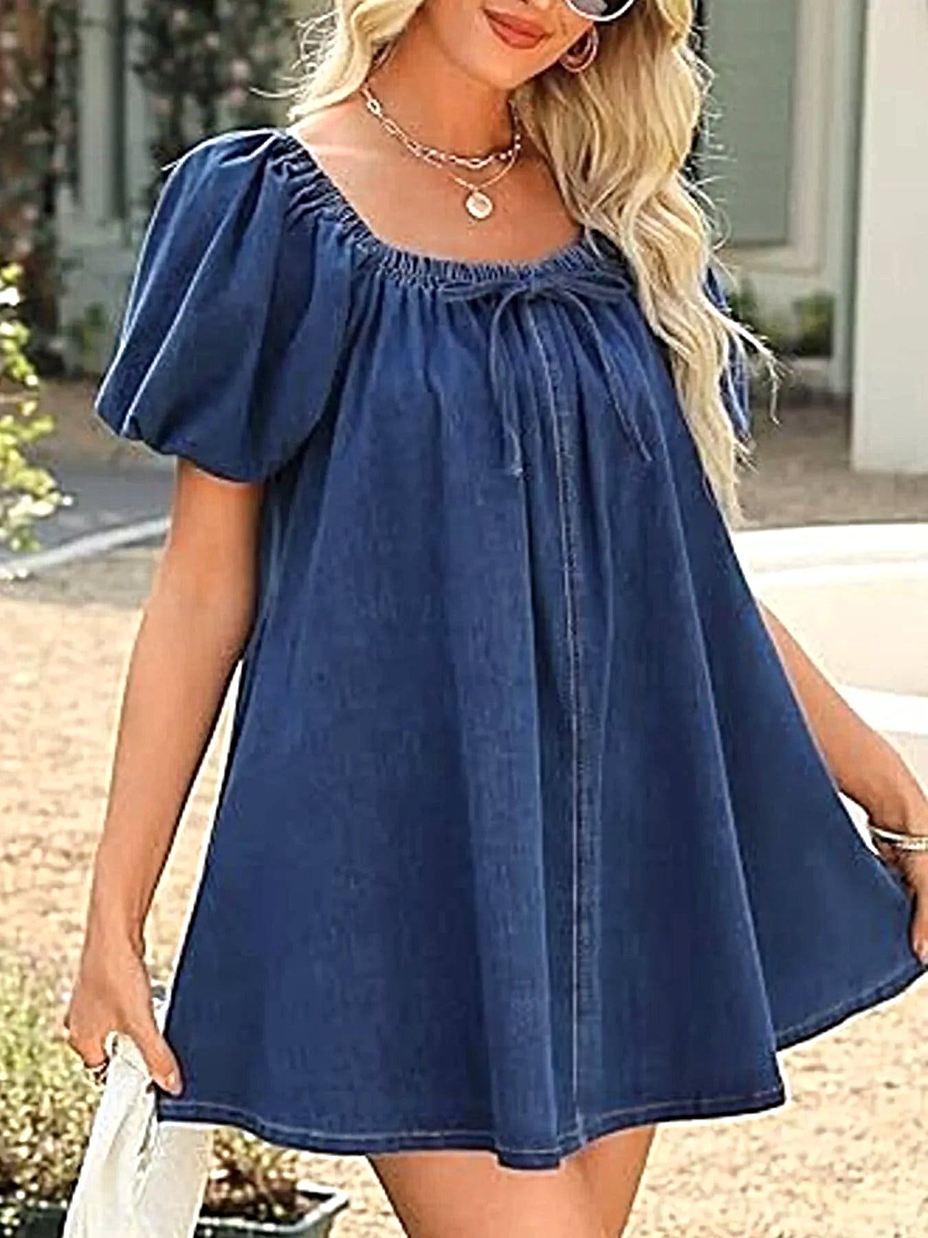 Off-Shoulder Tie-Front Denim Dress -