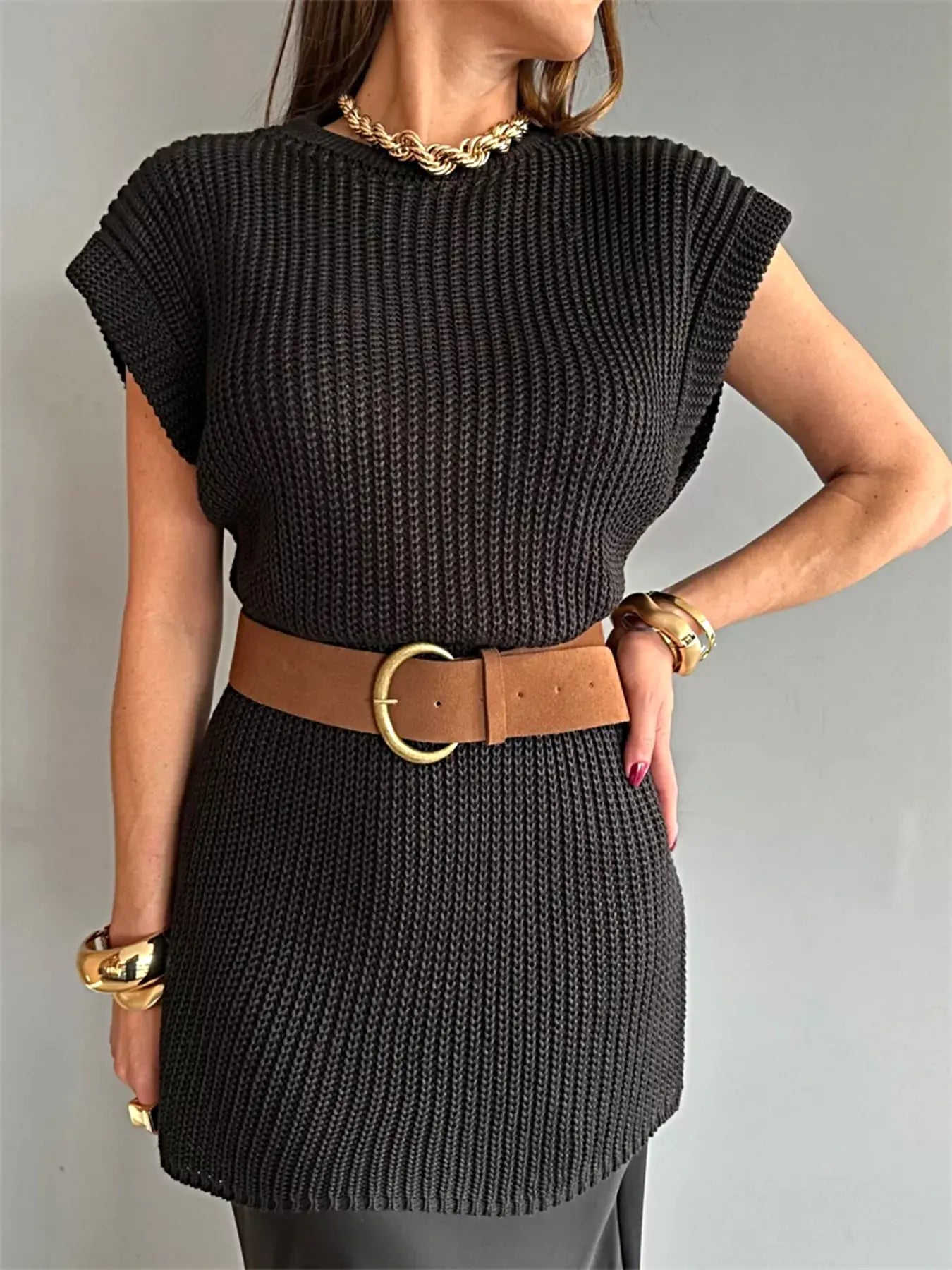 Round Neck Cap Sleeve Sweater Dress -