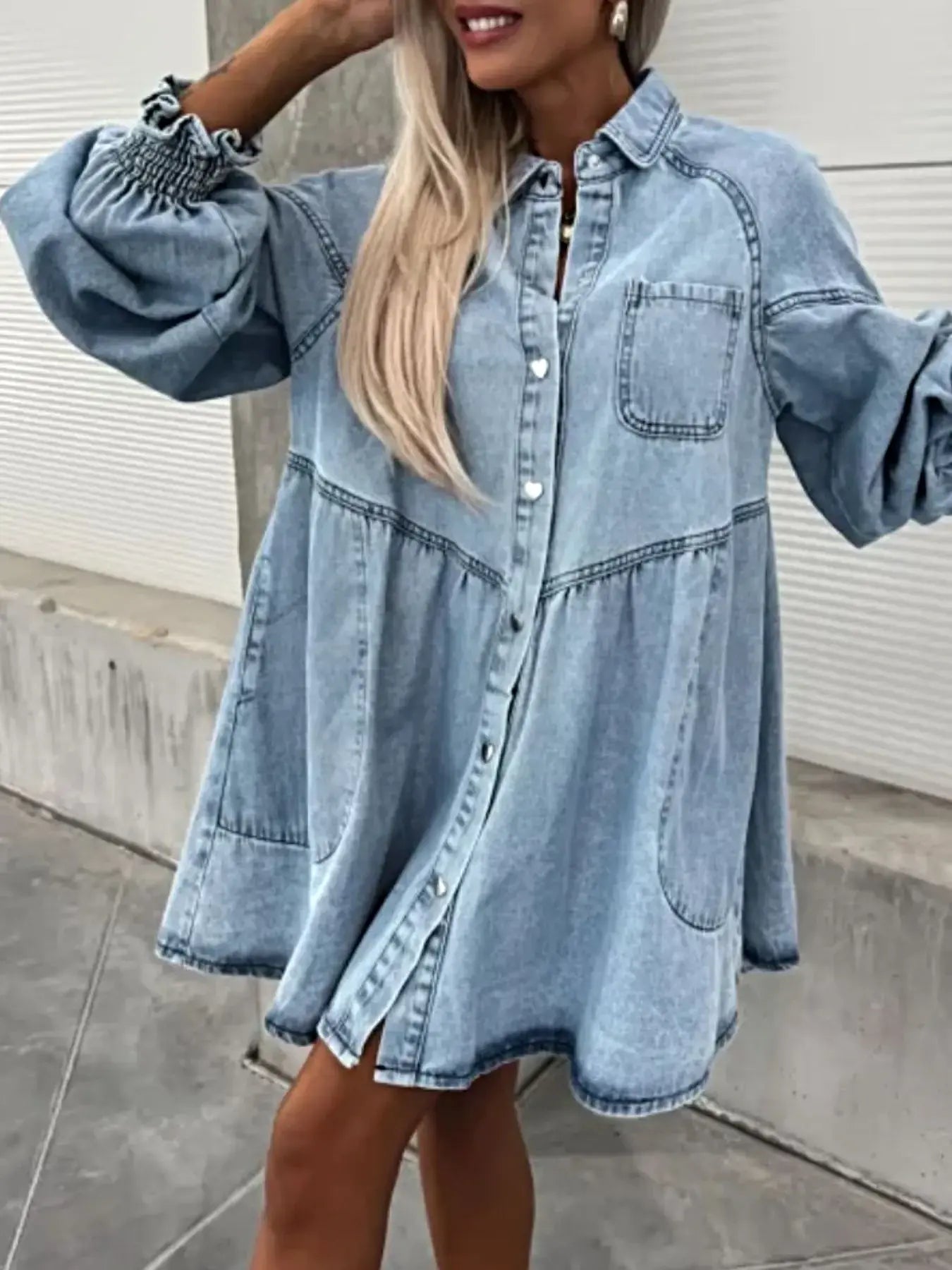 Oversized Long Sleeve Button-Up Denim Dress -