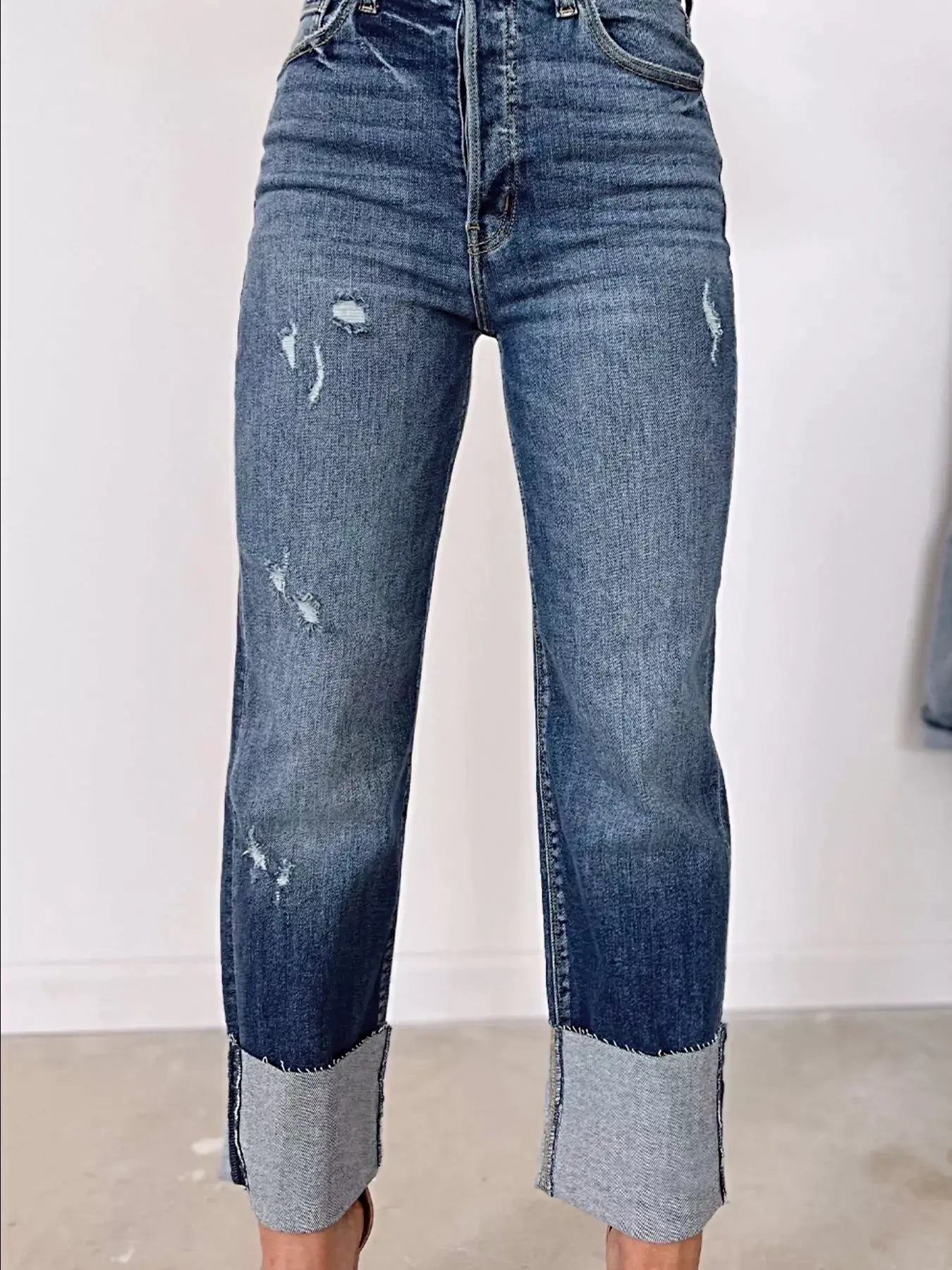 High Waist Distressed Straight Leg Jeans -