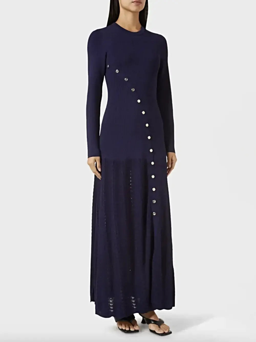 Openwork Round Neck Long Sleeve Sweater Dress -