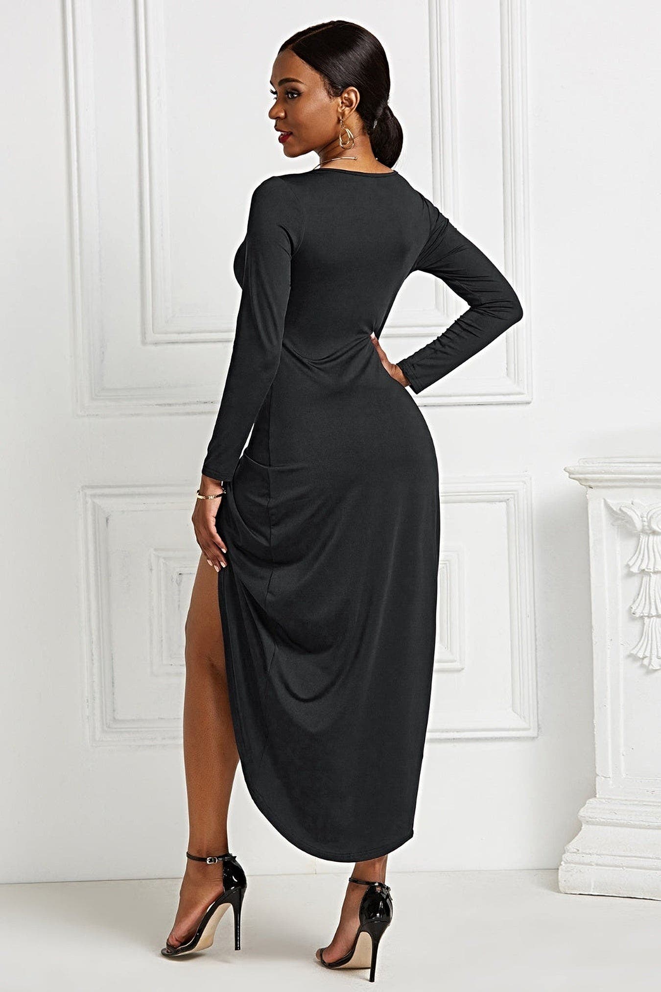 High-low Ruched Surplice Long Sleeve Dress -