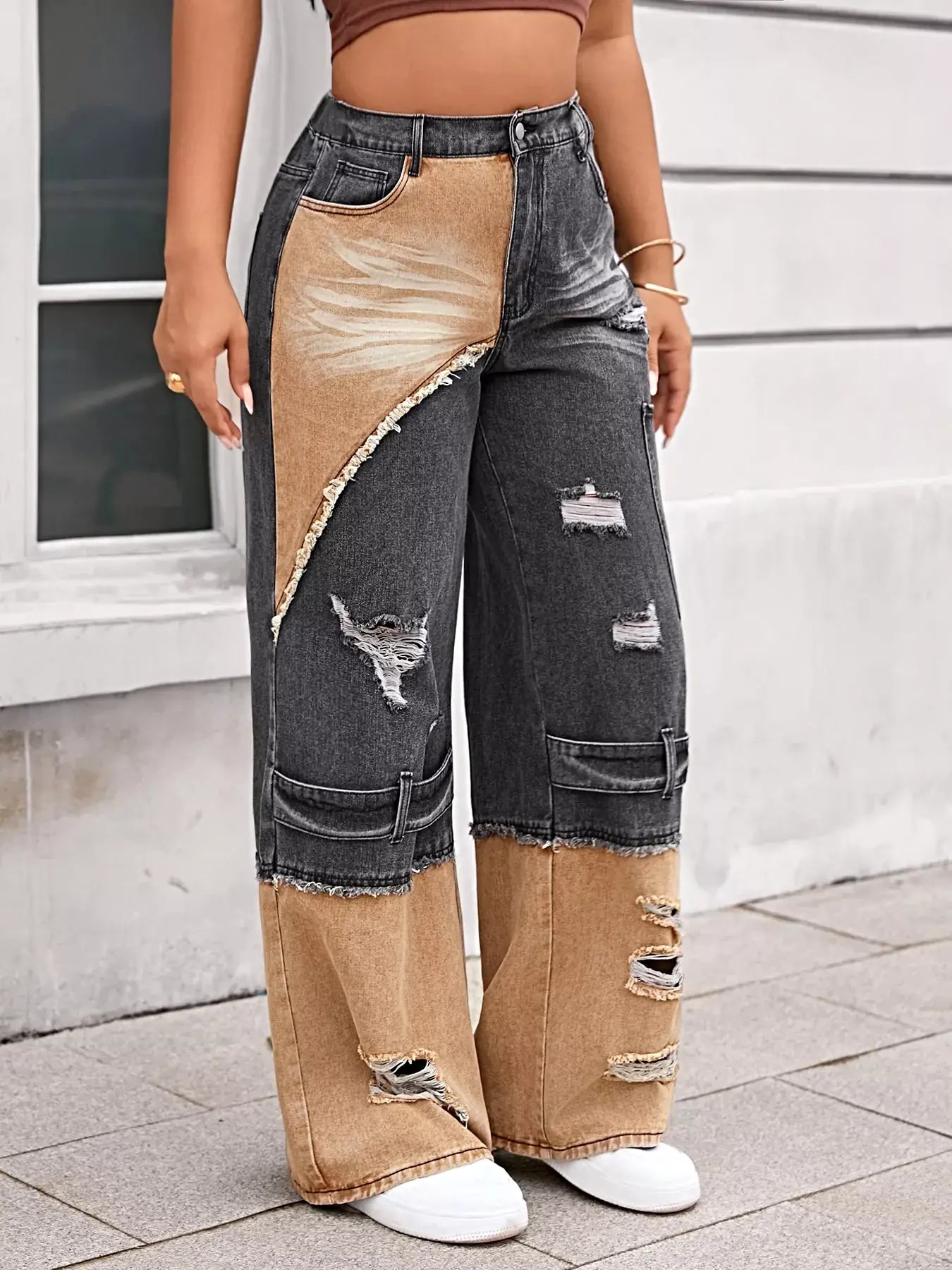 Two-Tone Ripped Wide Leg Jeans -