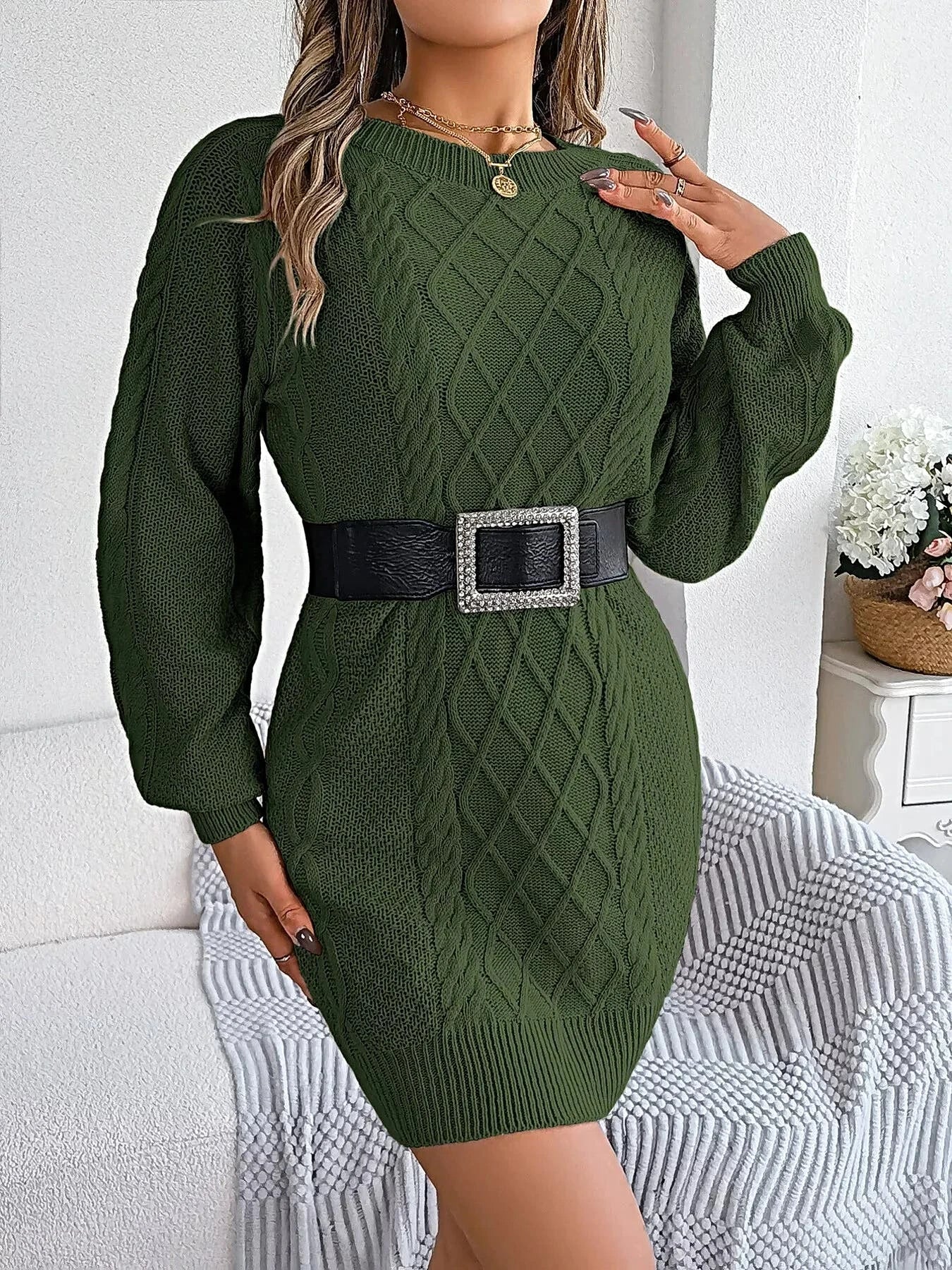 Diamond Cable Knit Sweater Dress with Long Sleeves -