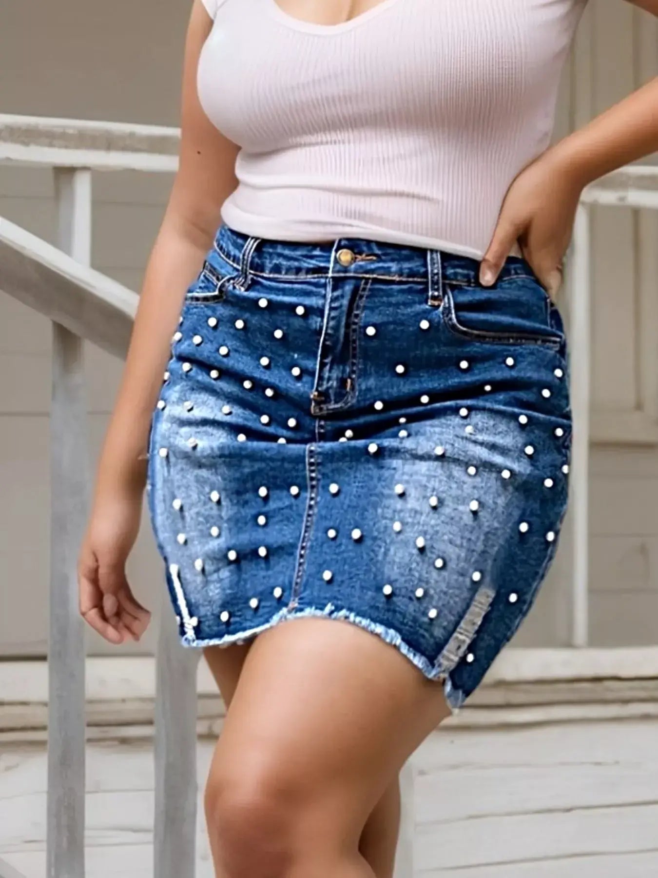 Plus Size Pearl Embellished Denim Skirt -