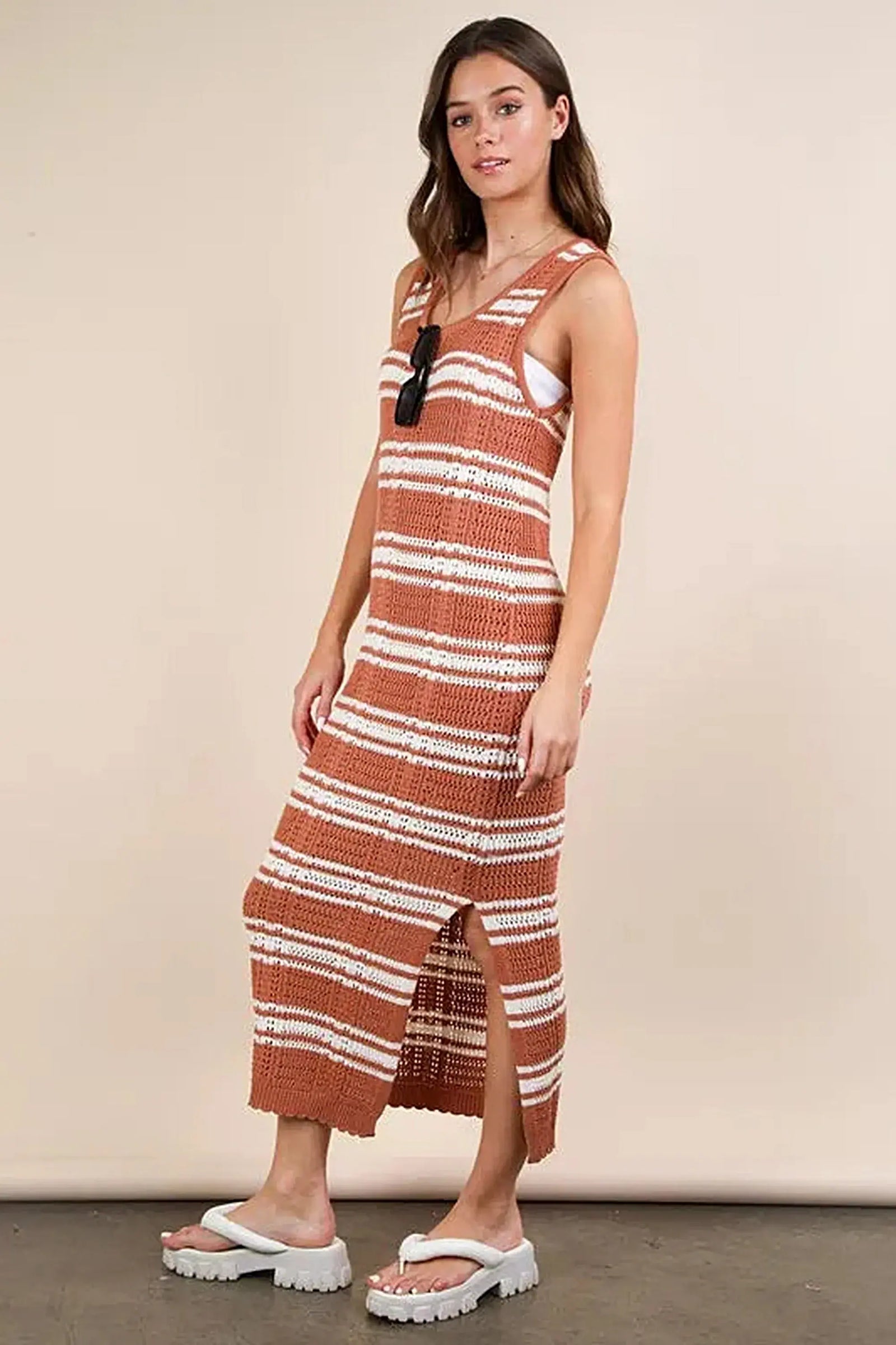 VERY J Stripe Knit Casual Sweater Midi Dress -