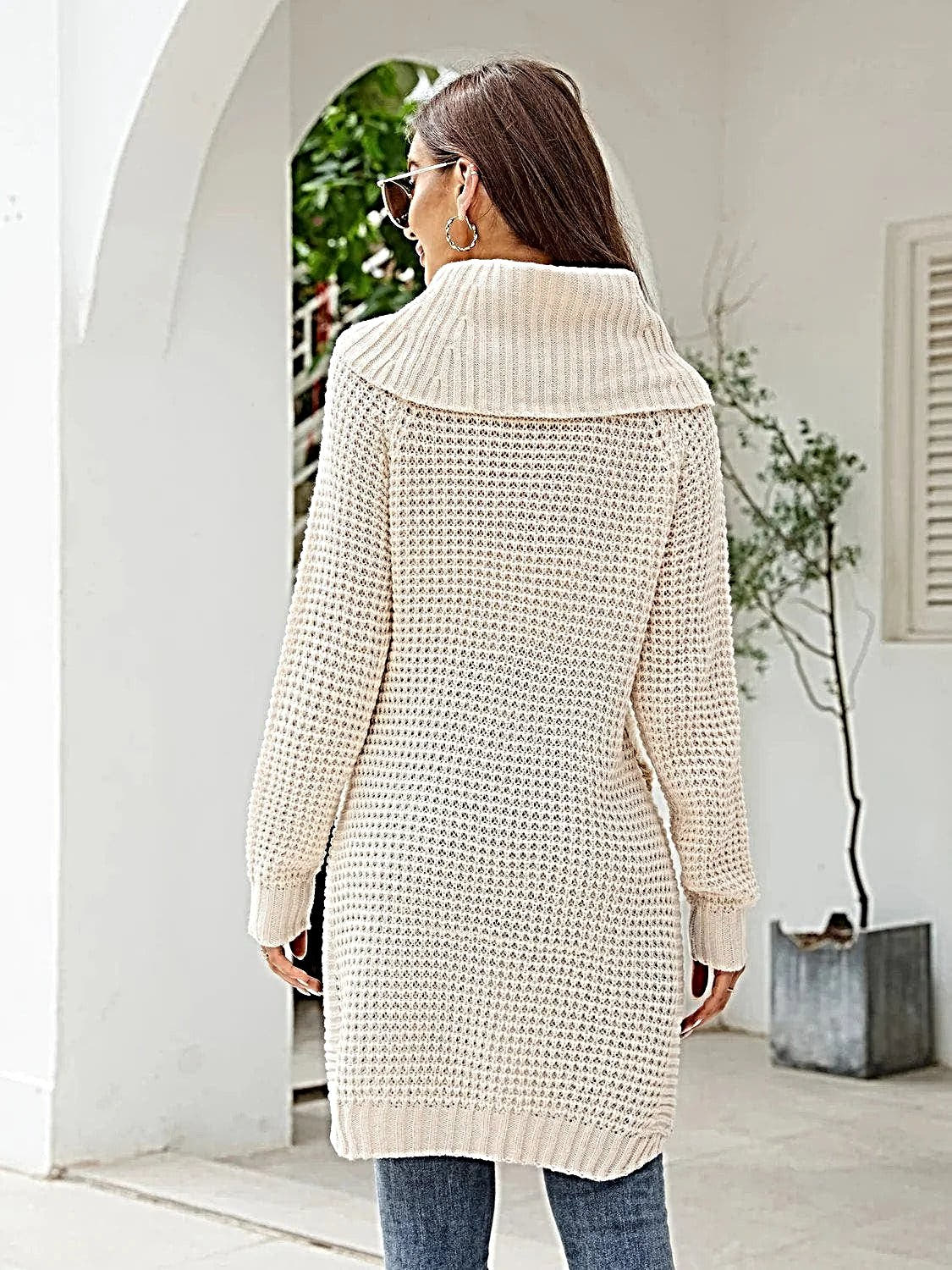 Luxury Turtleneck Sweater Dress with Waffle-Knit Design and Slit Detail -