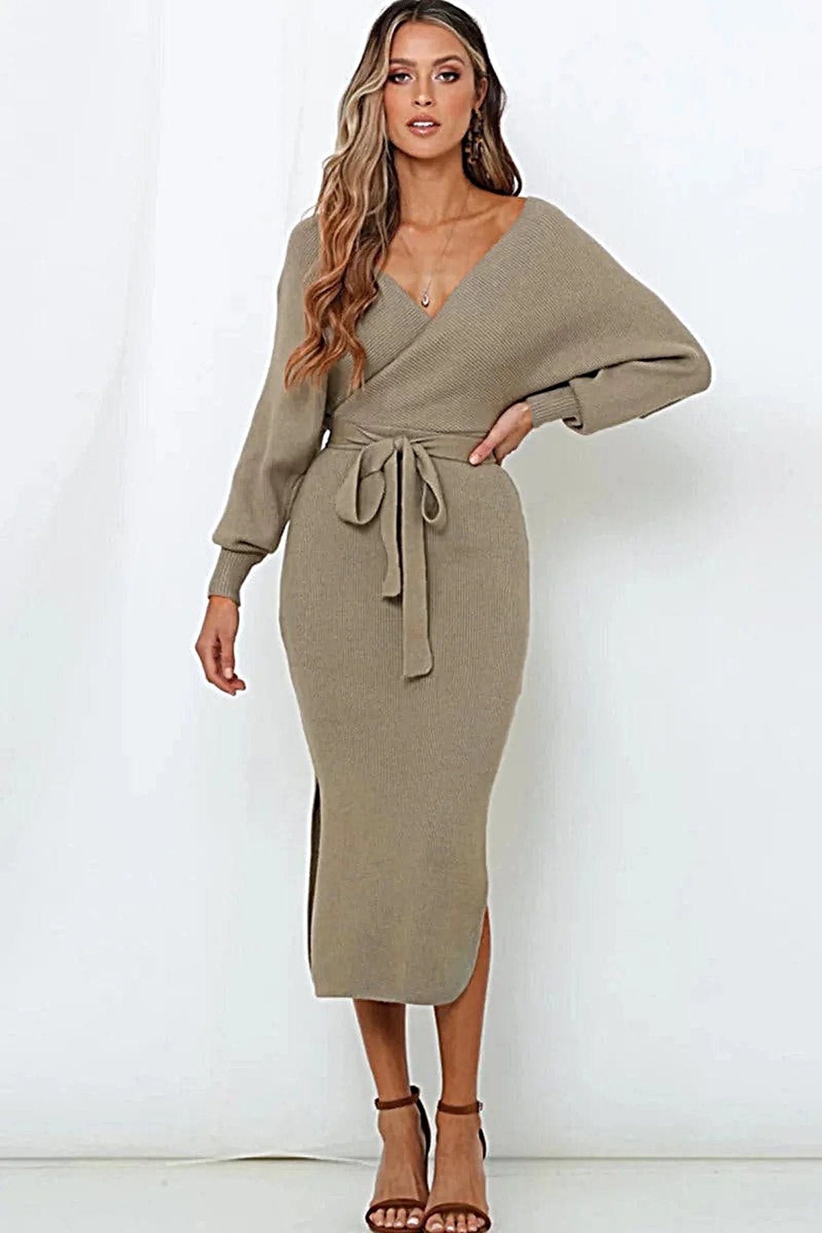 Elegant Surplice Neck Sweater Dress with Bow Waist and Slit Detail - Highly Stretchy, Regular Fit Trendsi