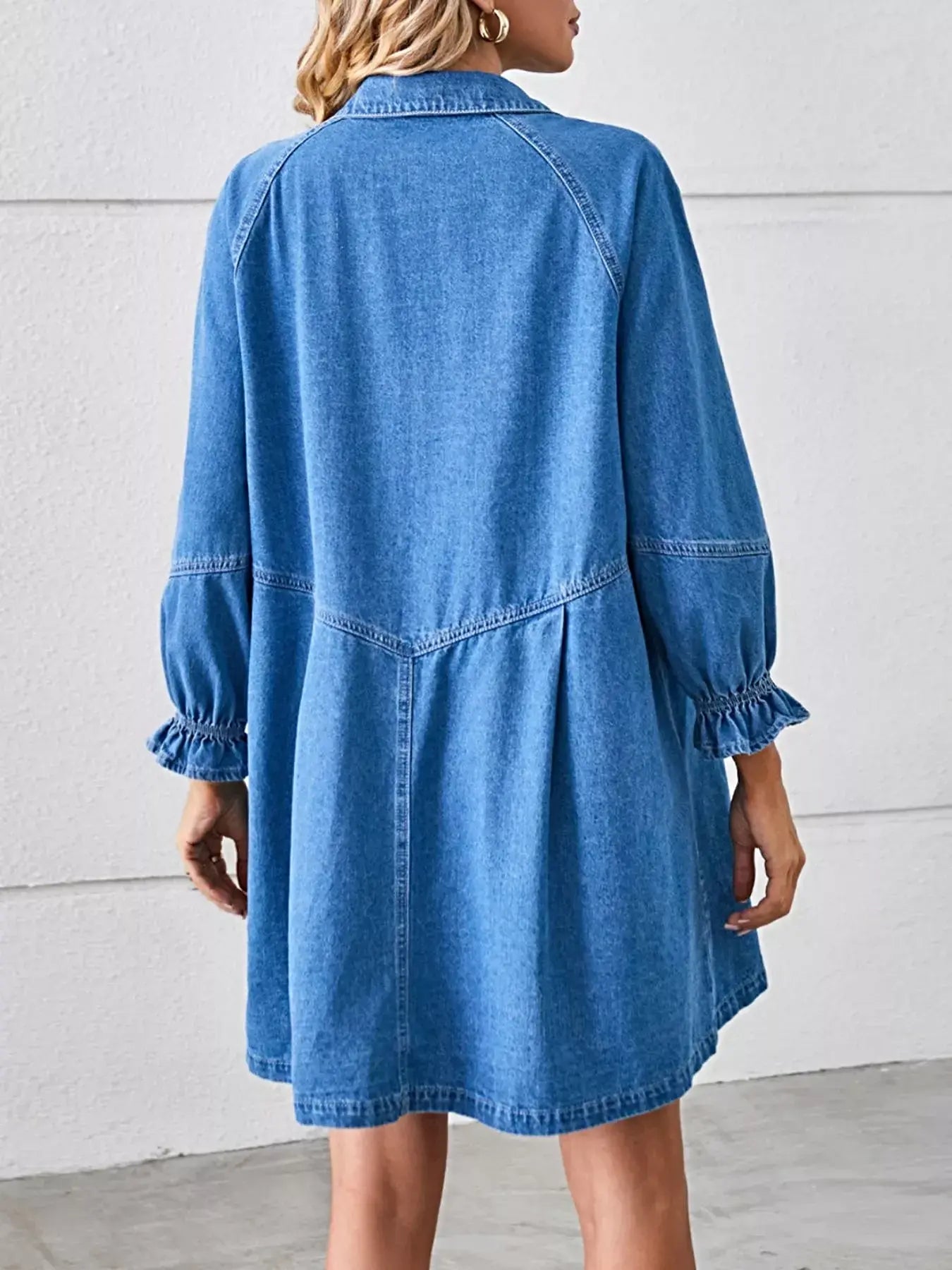 Button-Front Ruffle Cuff Denim Dress -