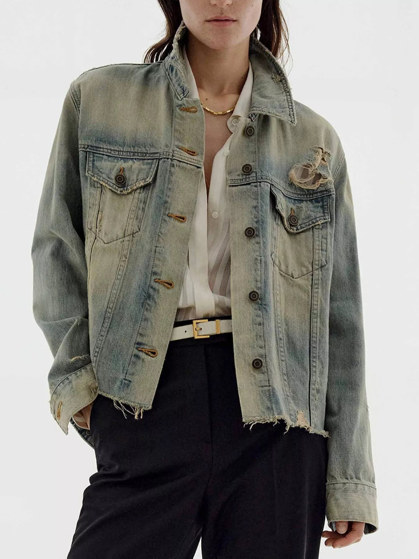 Distressed Wash Button Up Denim Jacket -
