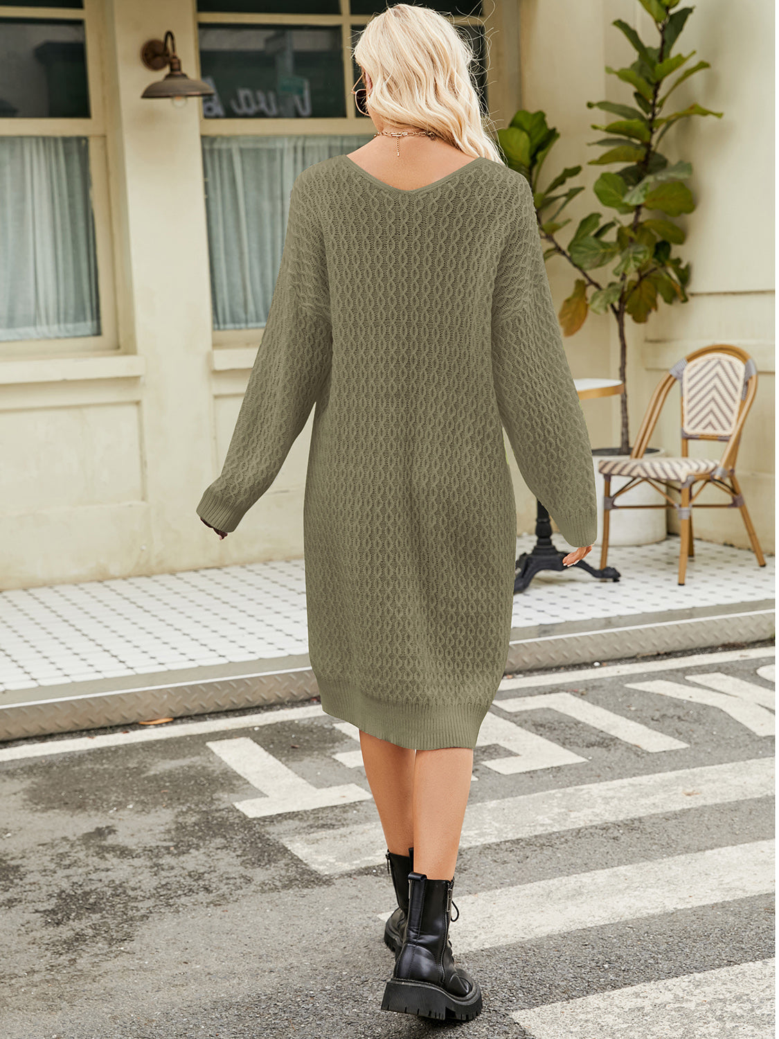 V-Neck Long Sleeve Sweater Dress -