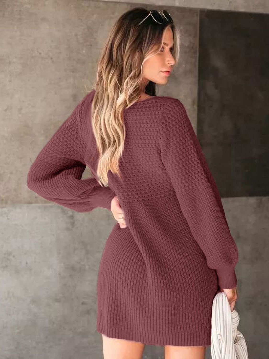 Perfee V-Neck Long Sleeve Sweater Dress Trendsi