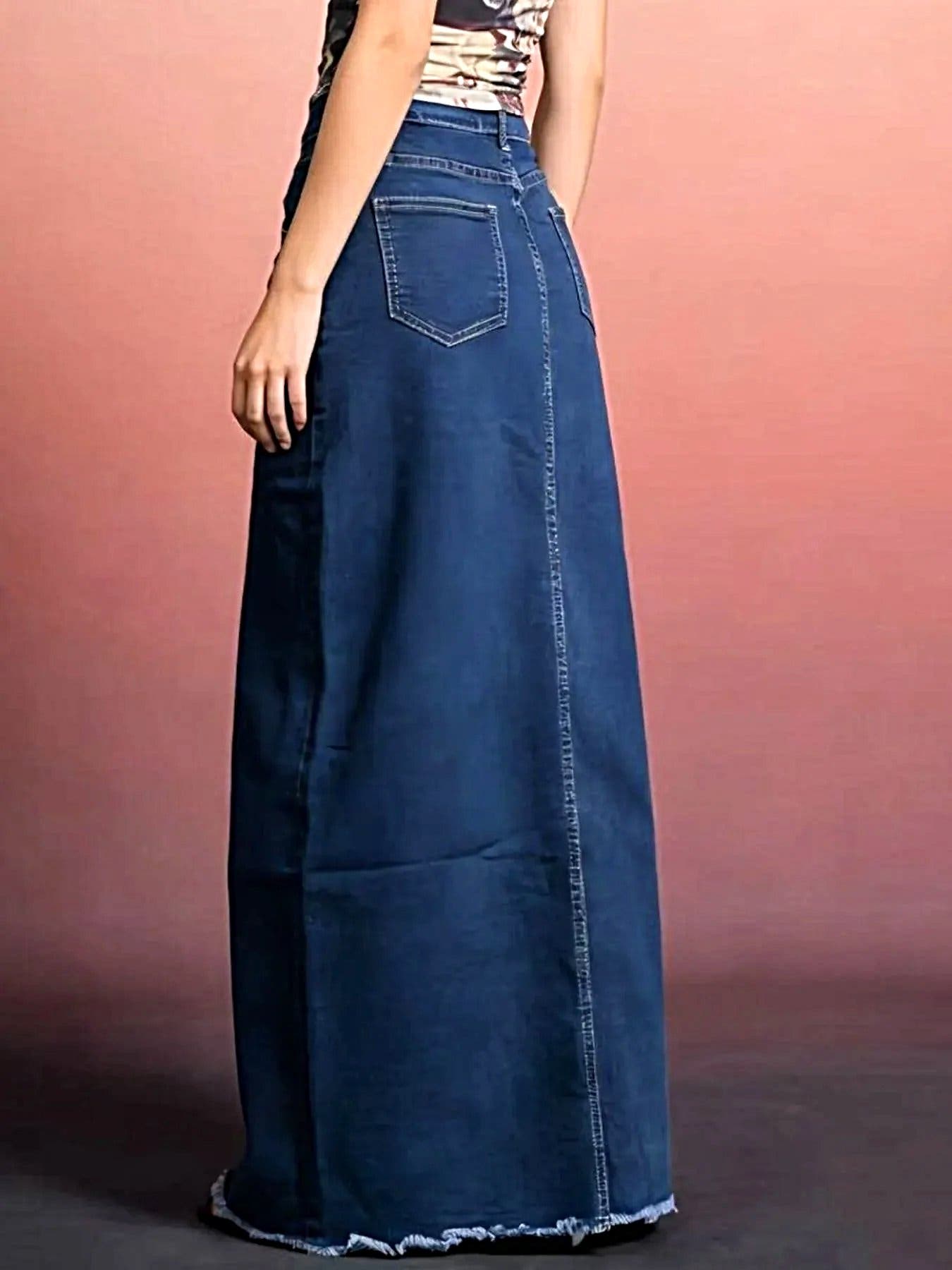Raw Hem Maxi Denim Skirt -