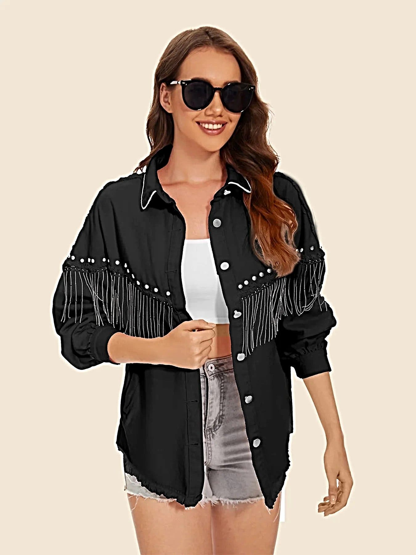 Raw Hem Fringe Detail Denim Jacket -