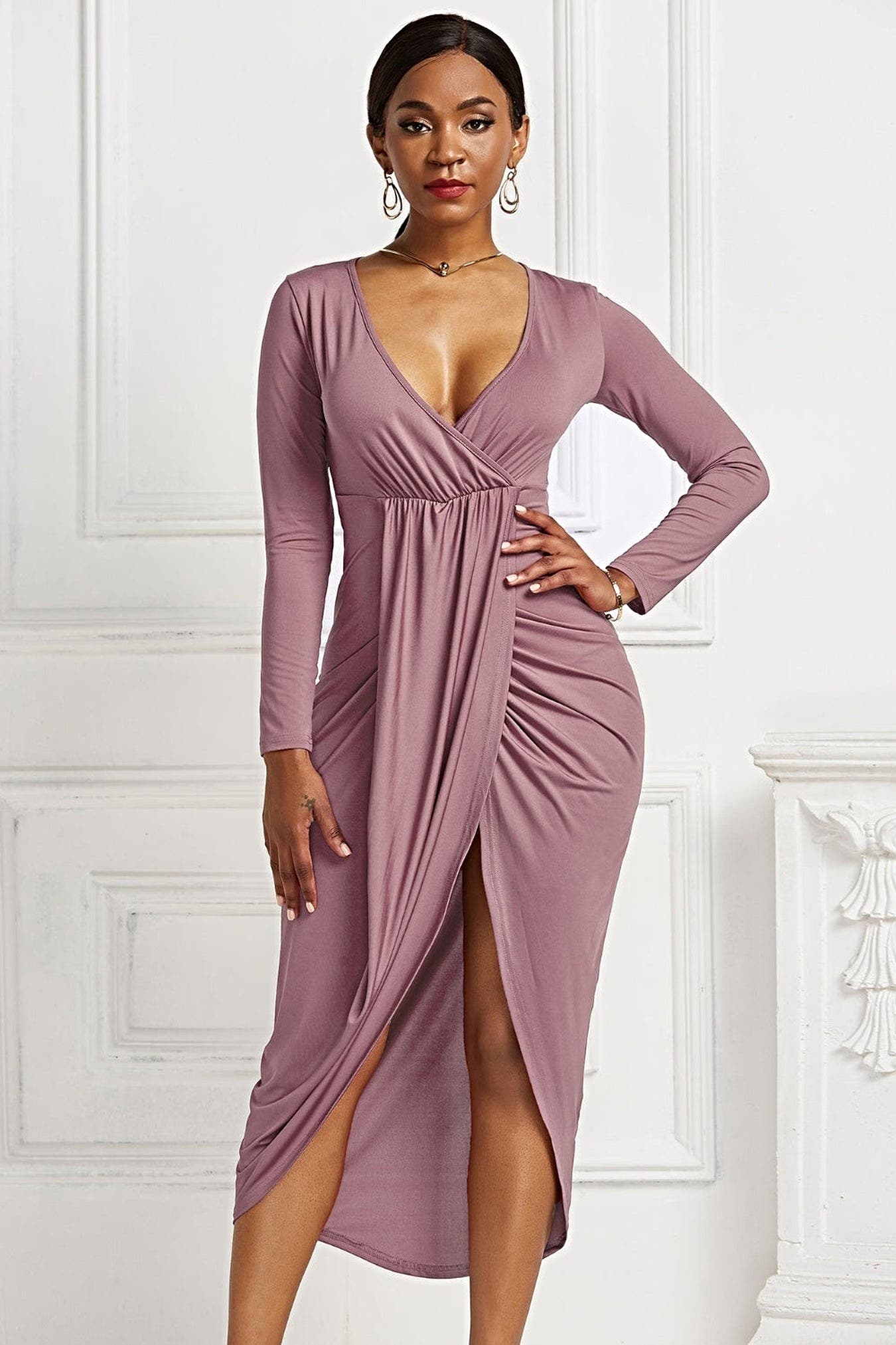 High-low Ruched Surplice Long Sleeve Dress -