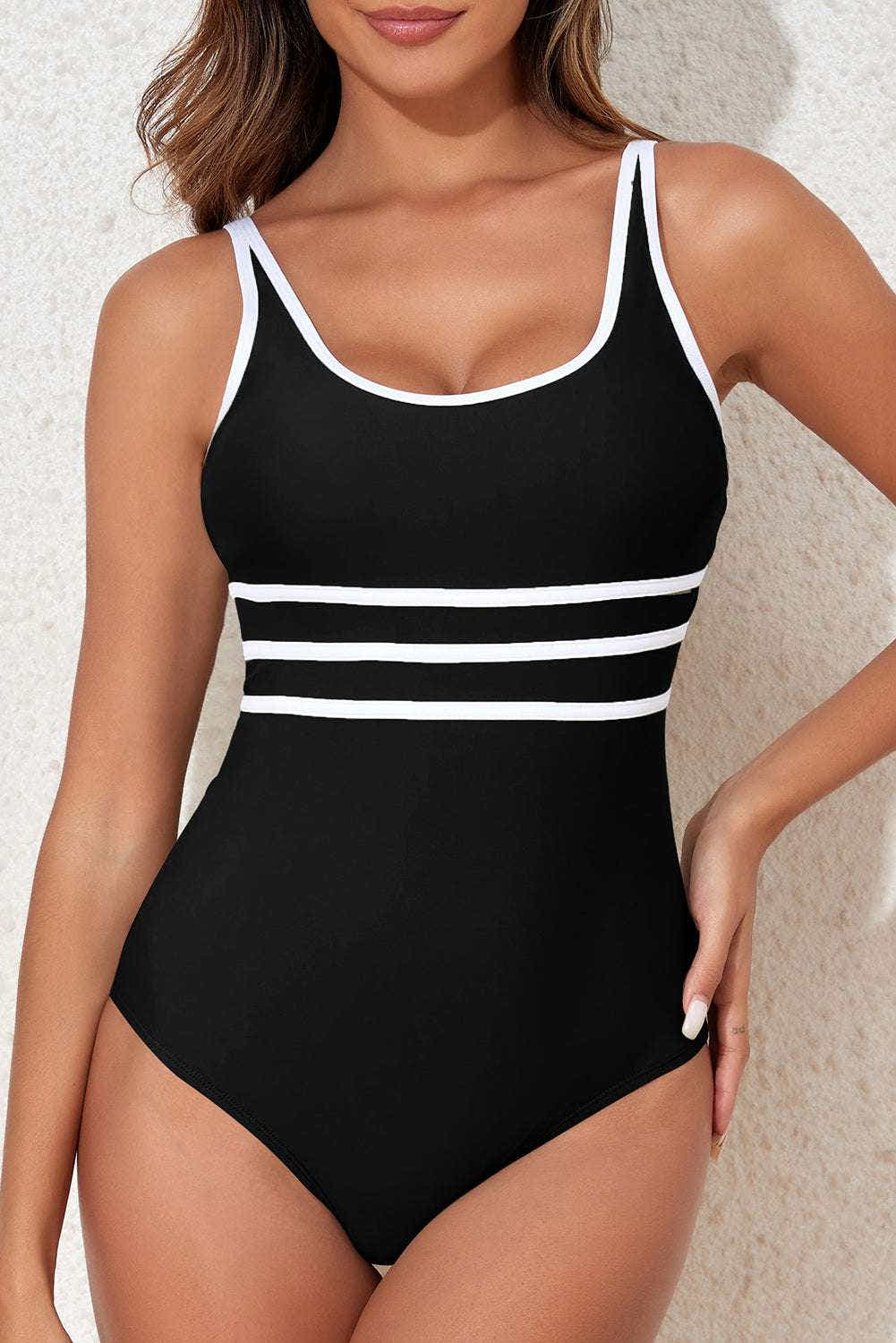 Contrast Trim Scoop Neck One-Piece Swimwear Trendsi