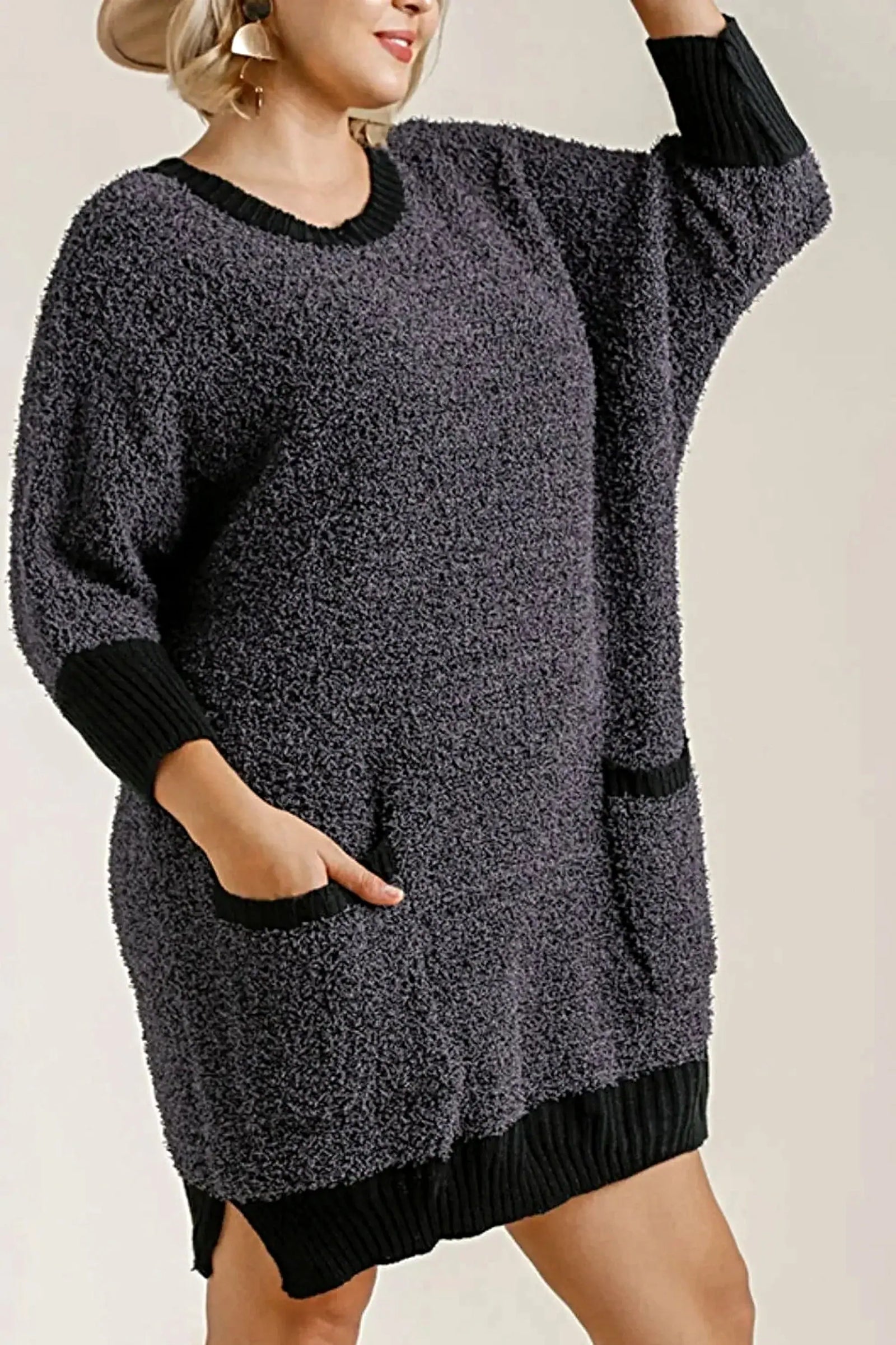 Umgee Full Size Ribbed Hem Round Neck 3/4 Sleeve Sweater Dress with Pockets Plus Size -