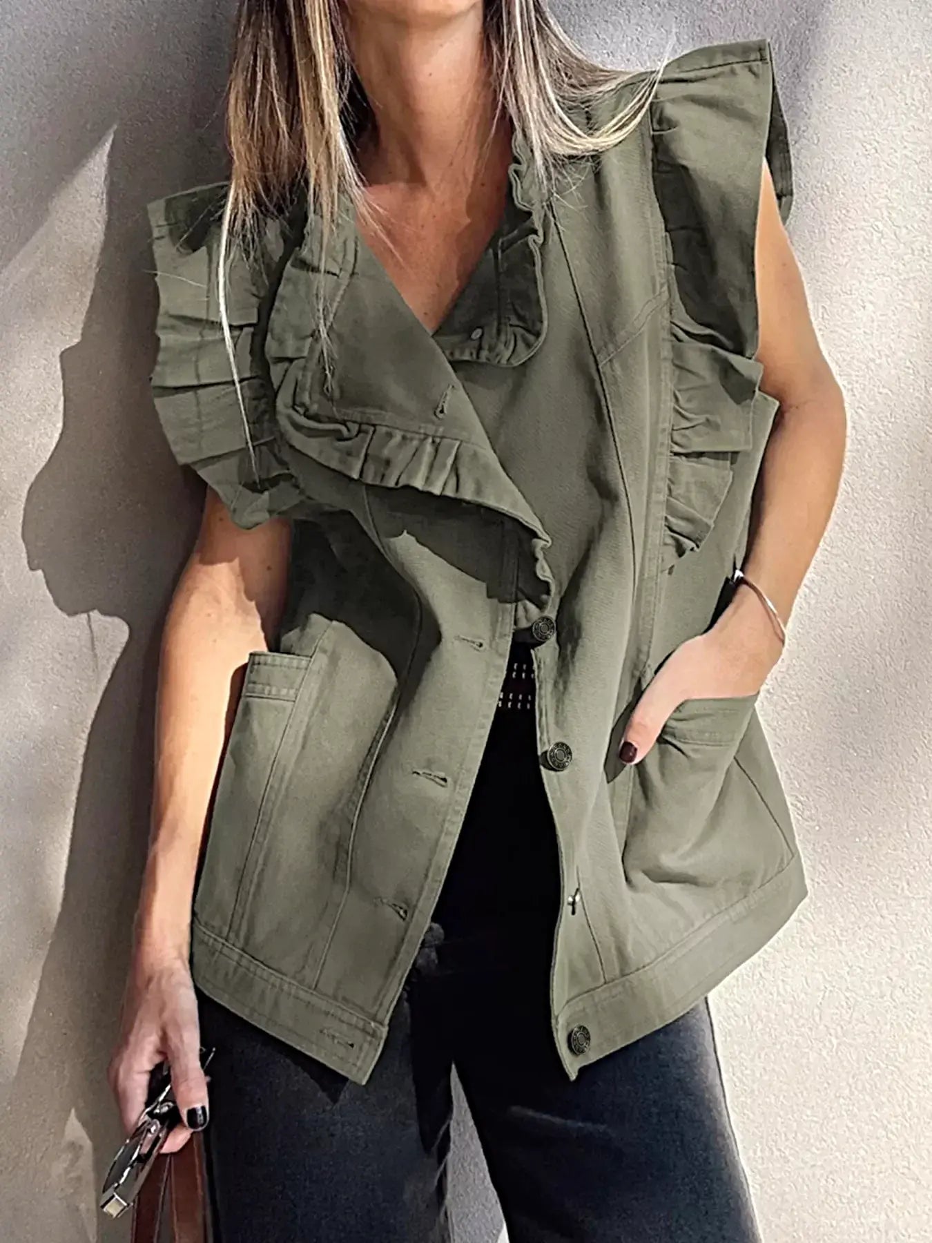 Ruffled Patchwork Denim Jacket Vest -