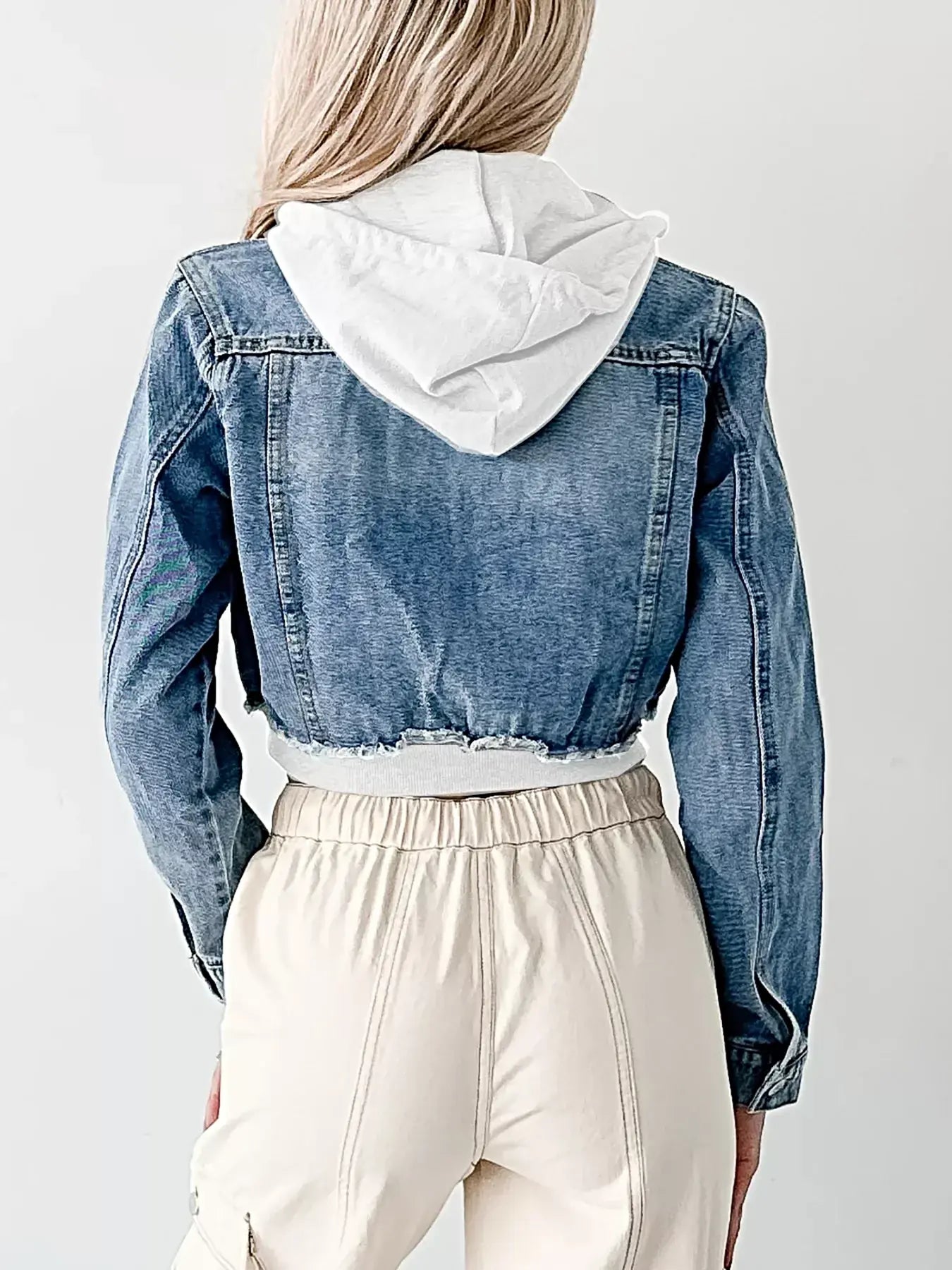 Distressed Zip Up Cropped Hooded Denim Jacket -