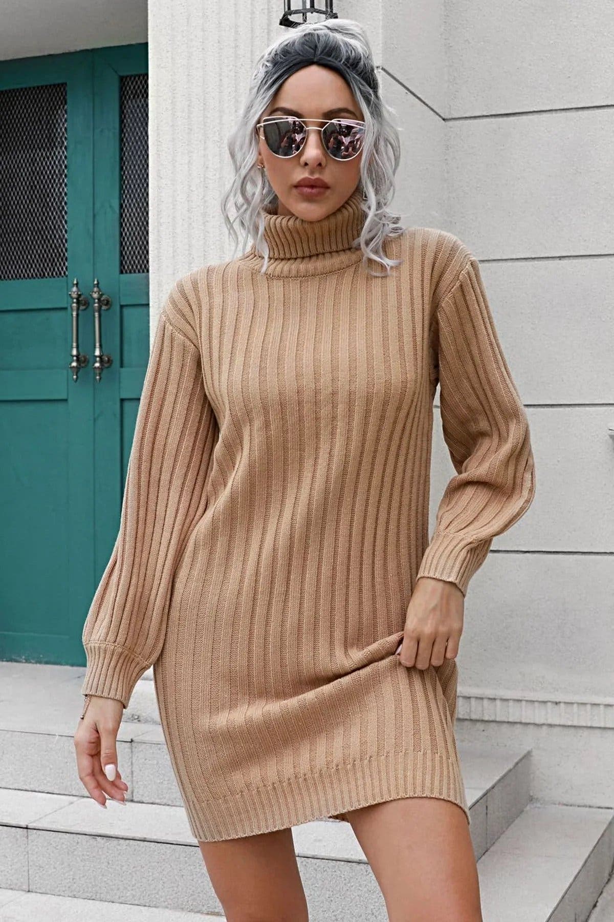 Ribbed Turtle Neck Long Sleeve Mini Sweater Dress -