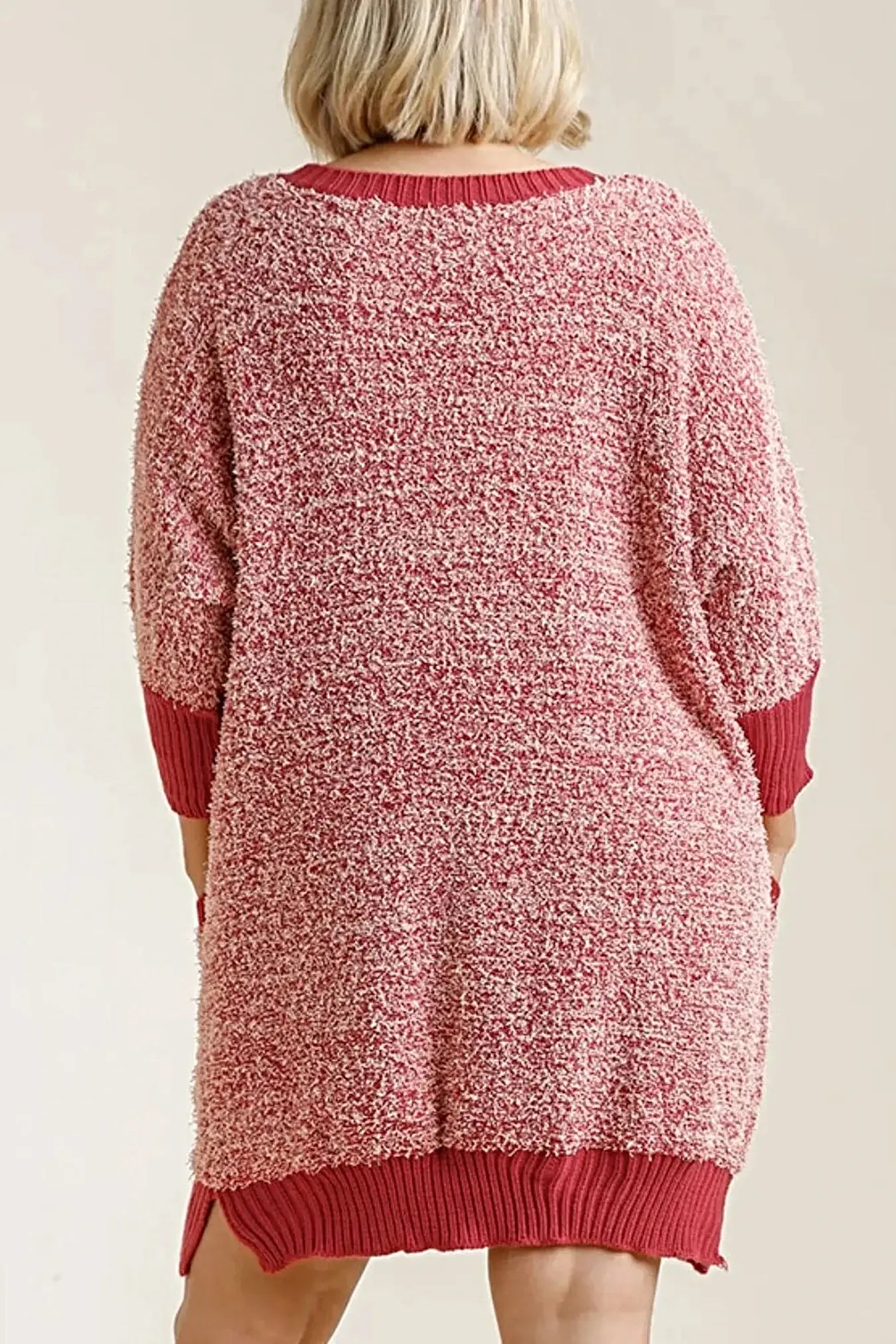 Ribbed Hem Round Neck 3/4 Sleeve Sweater Dress with Pockets -