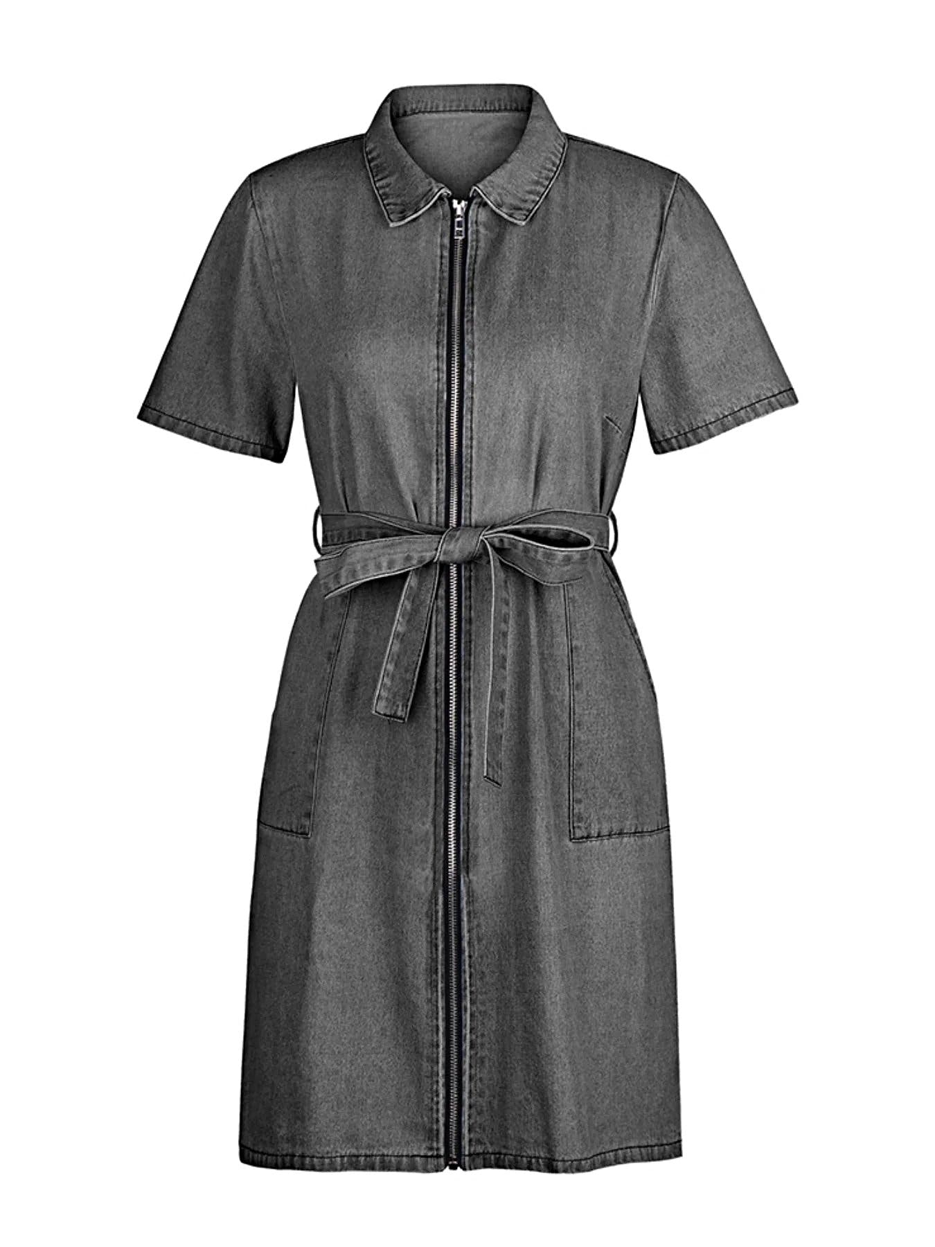Zip Front Short Sleeve Denim Dress -