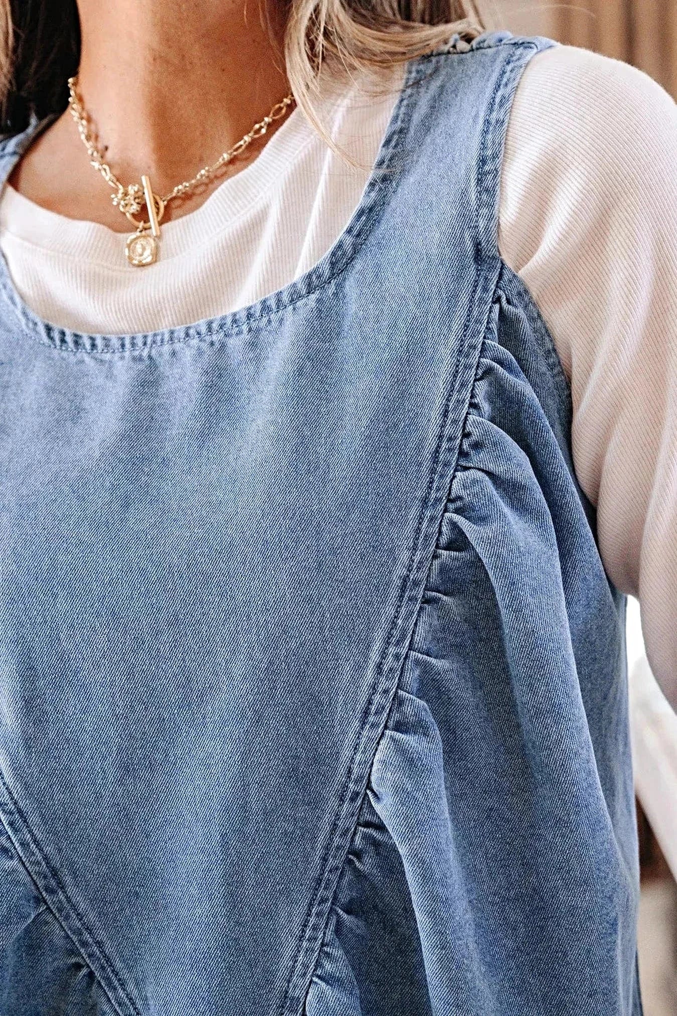 Denim Pleated Patchwork Sleeveless Top -