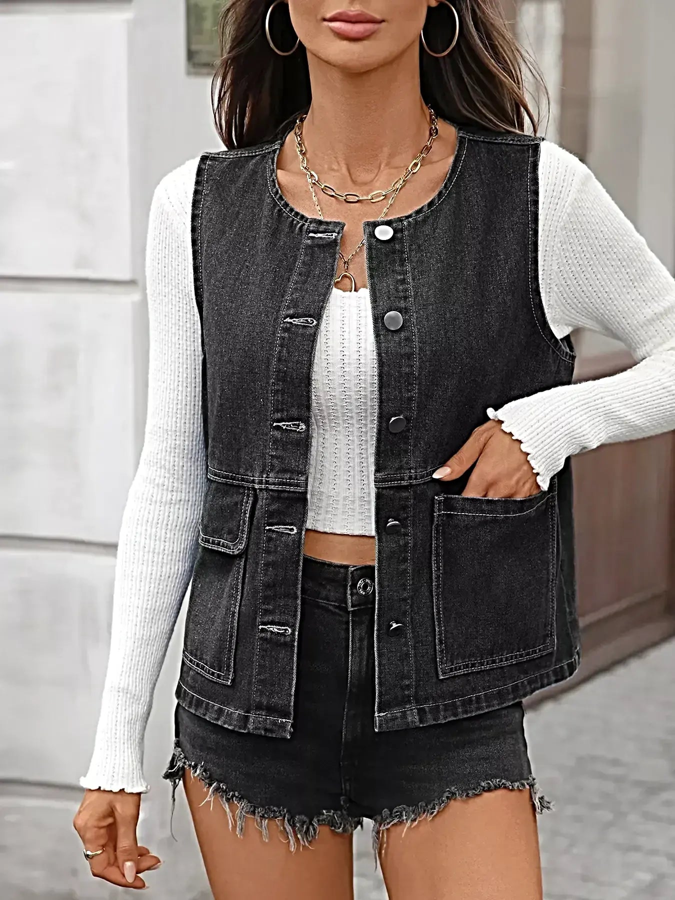 Chic Denim Button Vest with Pockets - Slightly Stretchy, Premium Rayon Blend