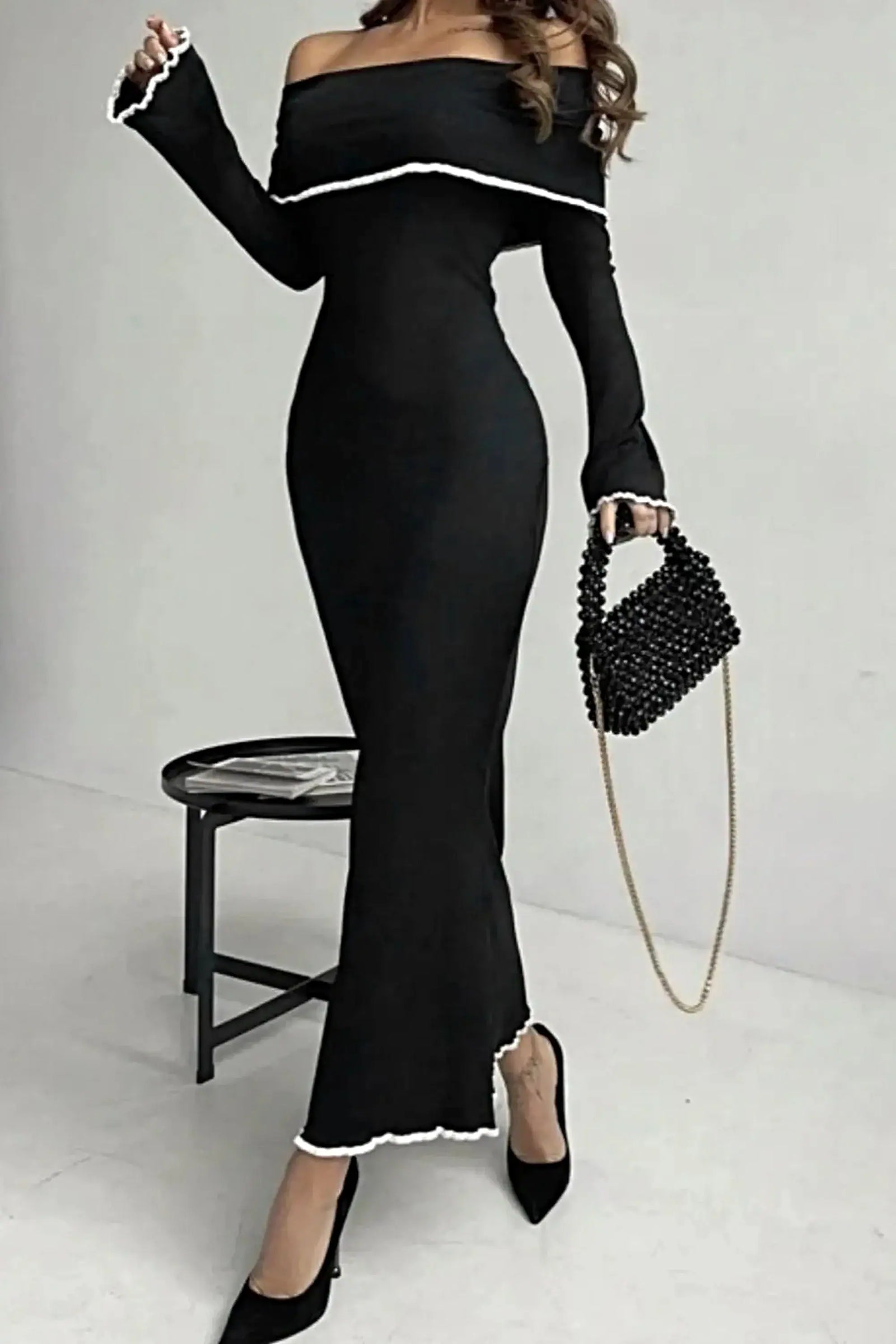 Contrast Trim Off-Shoulder Long Sleeve Maxi Sweater Dress -