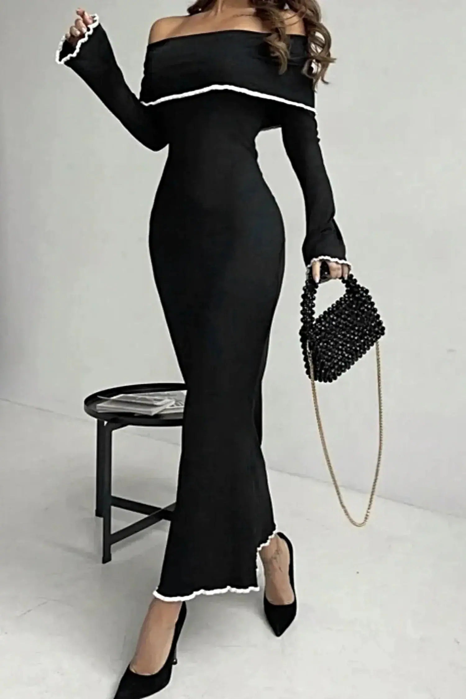 Contrast Trim Off-Shoulder Long Sleeve Maxi Sweater Dress -