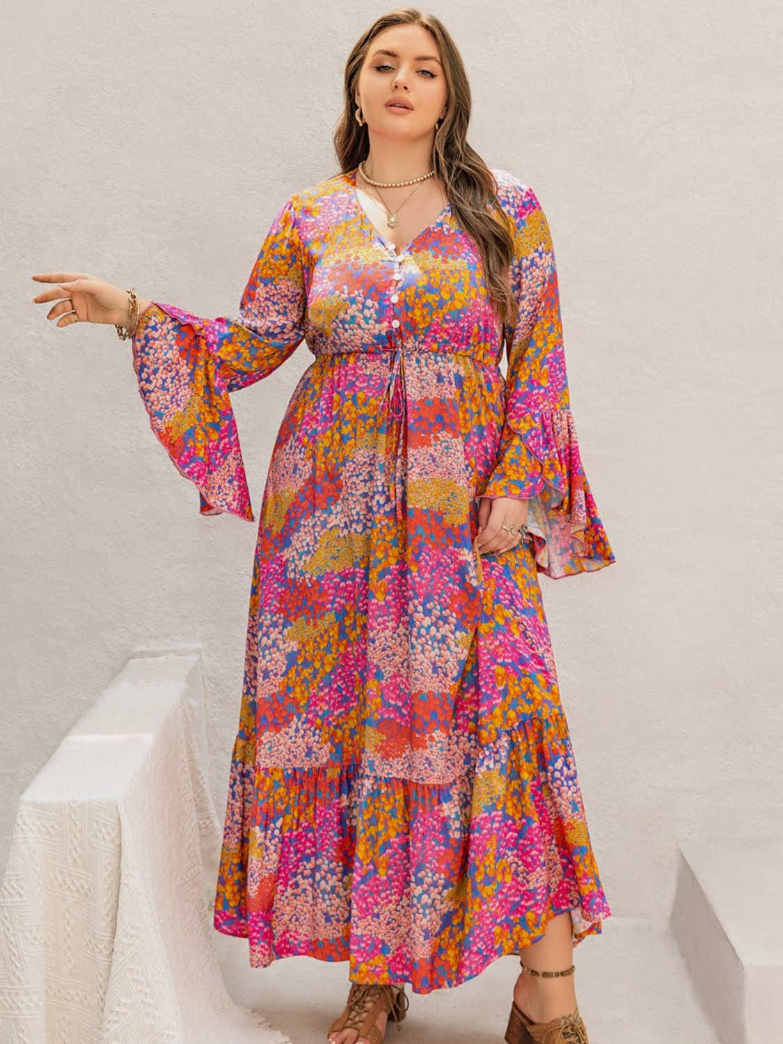 Plus Size Printed V-Neck Long Sleeve Maxi Dress Trendsi