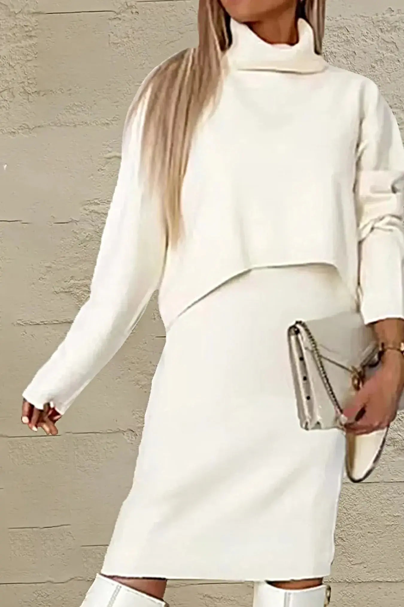 Turtleneck Dropped Shoulder Sweater and Dress Sweater Set -
