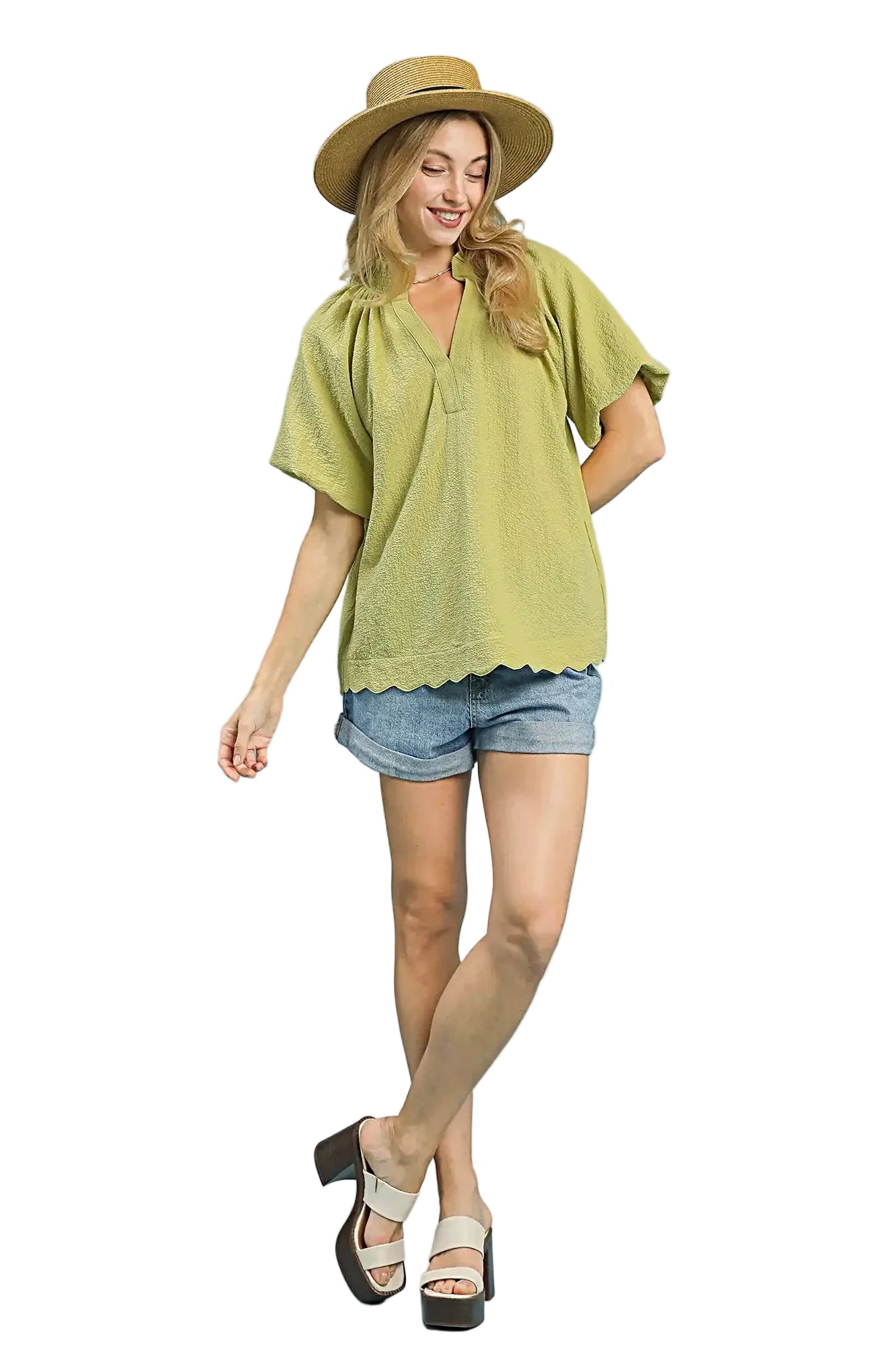 Umgee Scalloped Hem Textured Blouse -