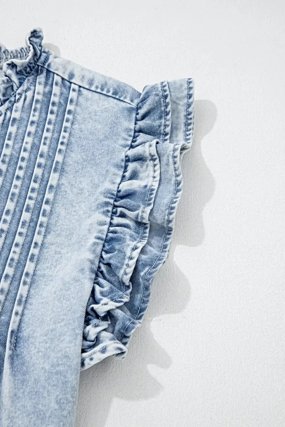 Ruffle Pleated Detail Vintage Washed Denim Top -